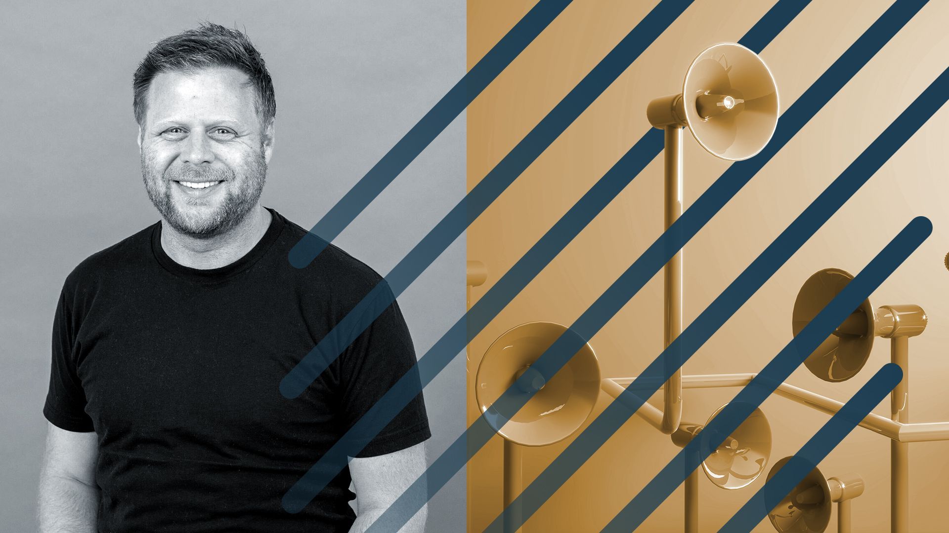 Photo illustration of Rob Emrich beside tilted lines and megaphones.