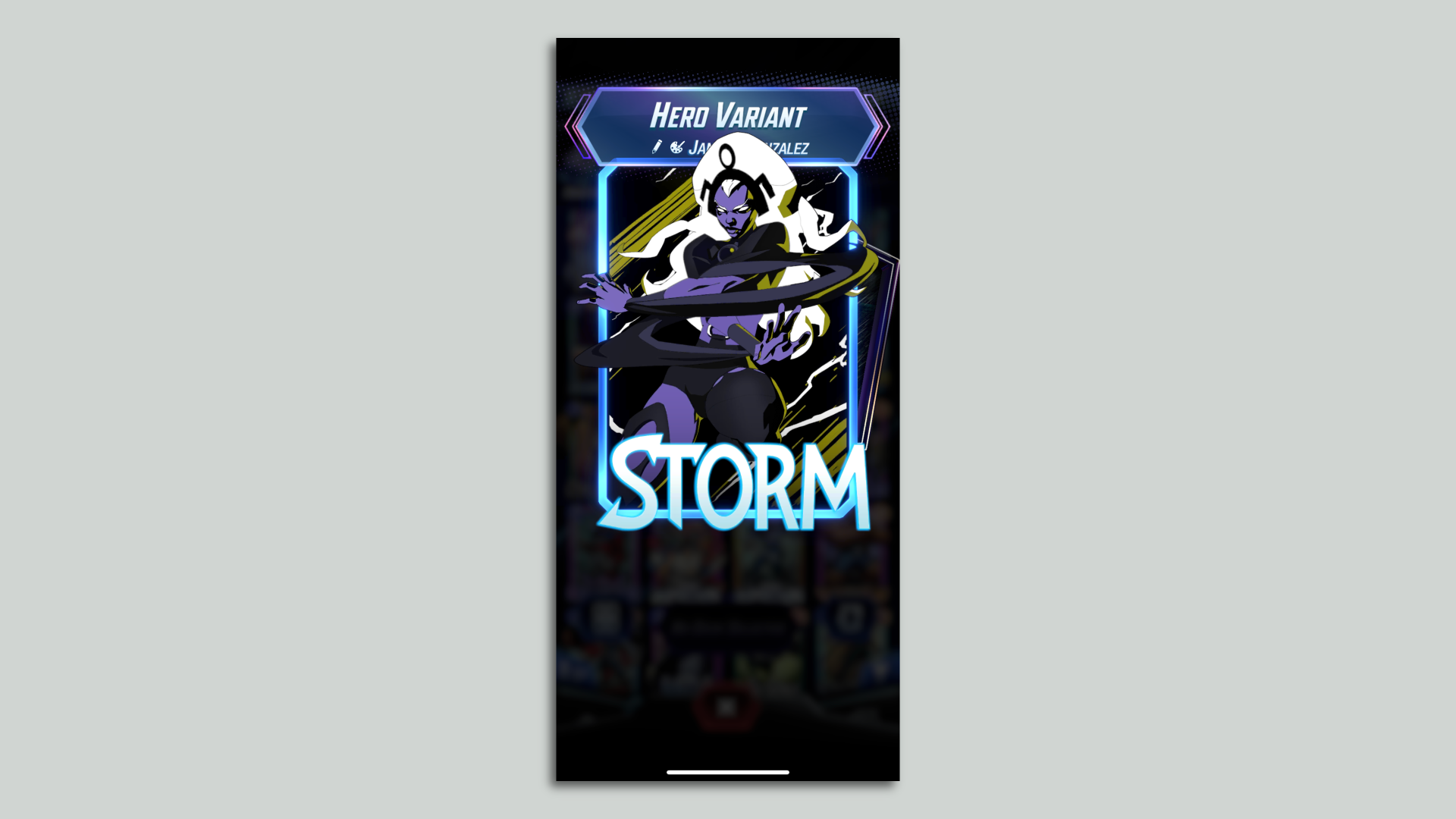 Video game screenshot showing Marvel hero Storm's head obscuring the name of the artist who illustrated her virtual playing card