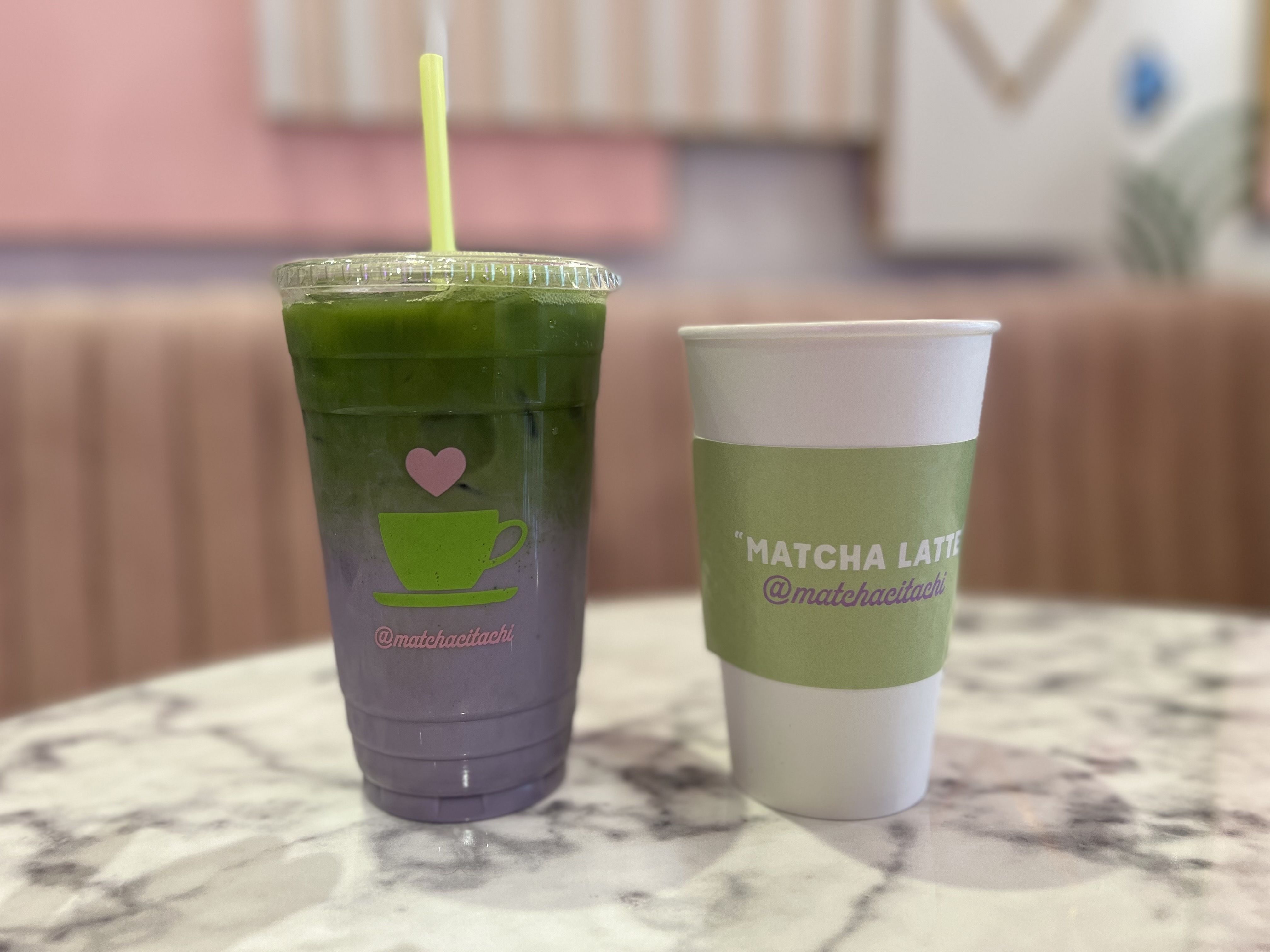 Photo of two Matcha drinks, one cold with ice and another hot. 