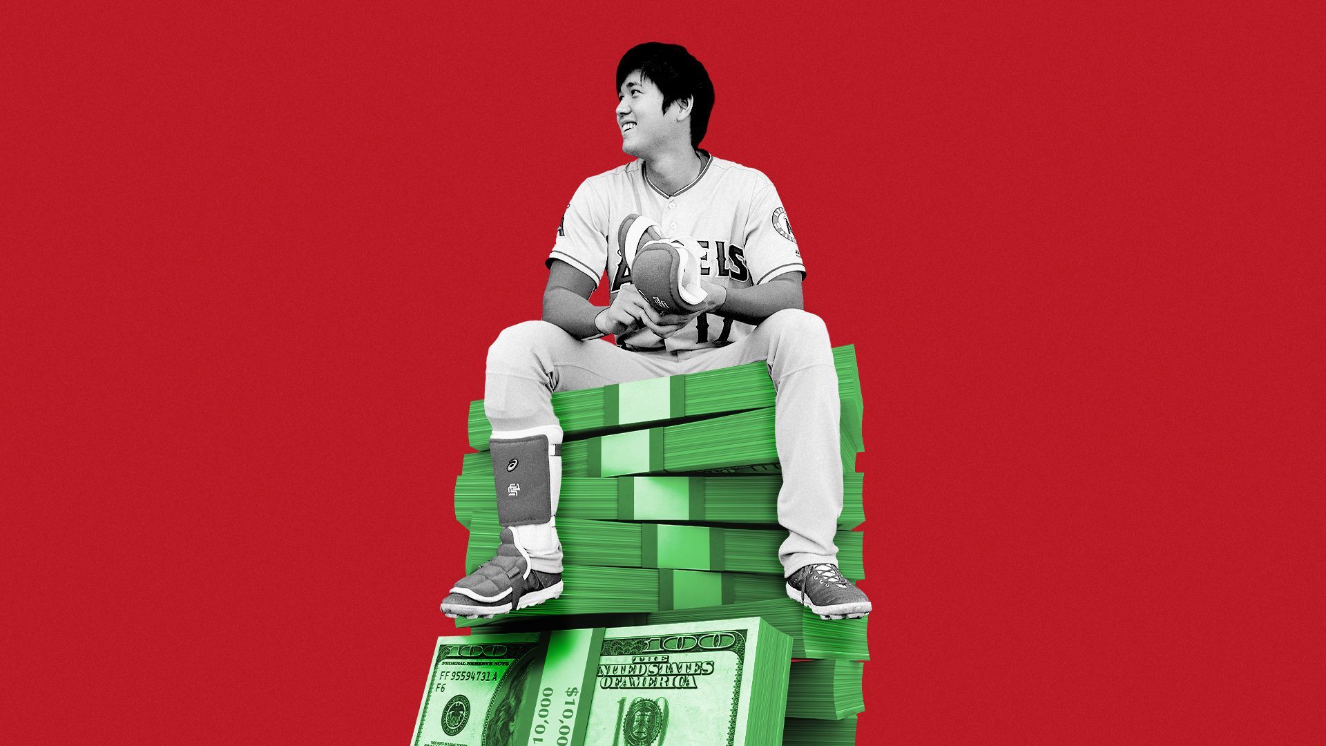 Photo illustration of Shohei Ohtani sitting on a bundle of cash.