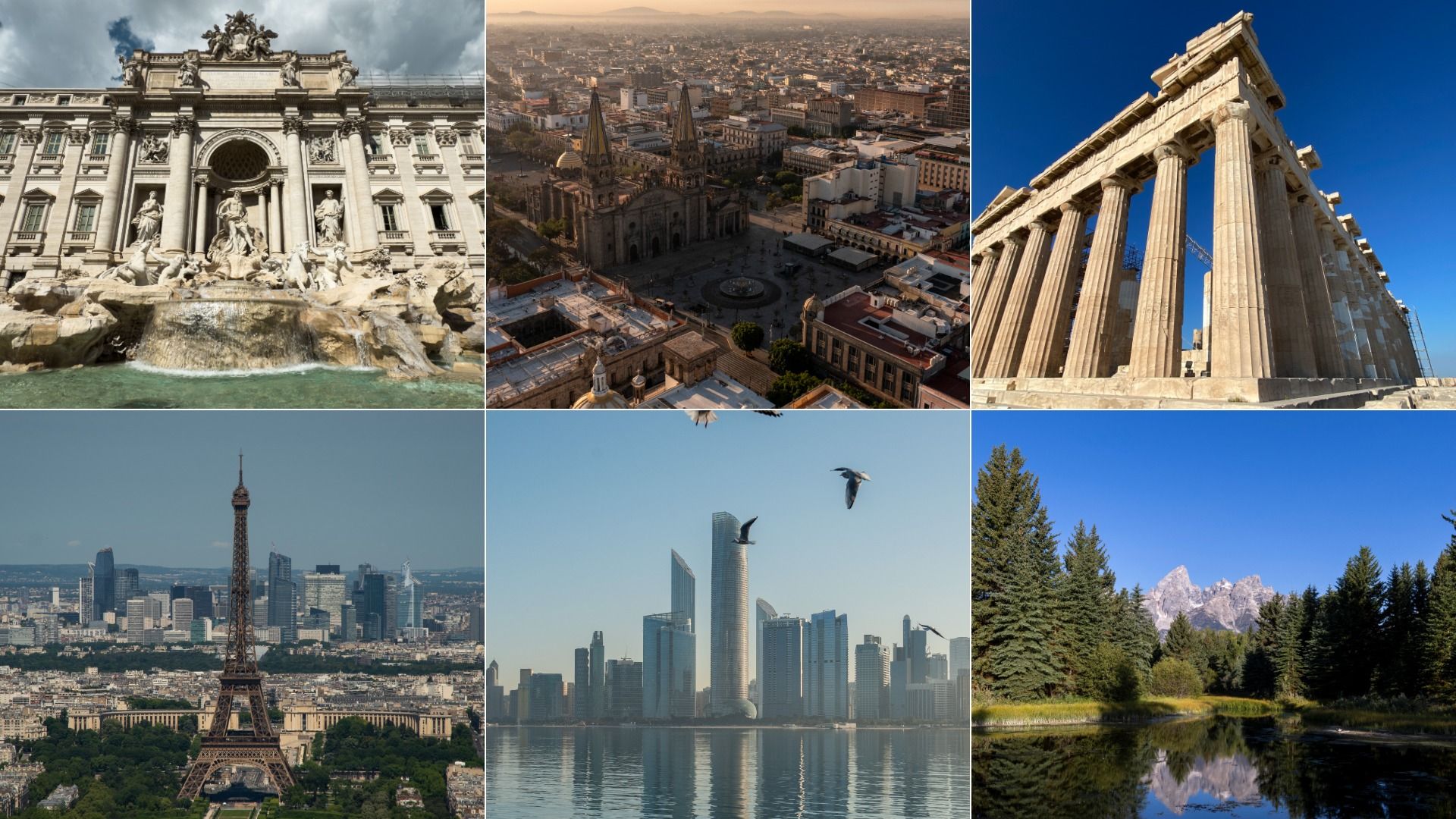 Collage of six images: Trevi Fountain in Rome, aerial view of Guadalajara cathedral, Parthenon in Athens, Eiffel Tower in Paris, modern city skyline with birds, and a forested lake reflecting mountains.