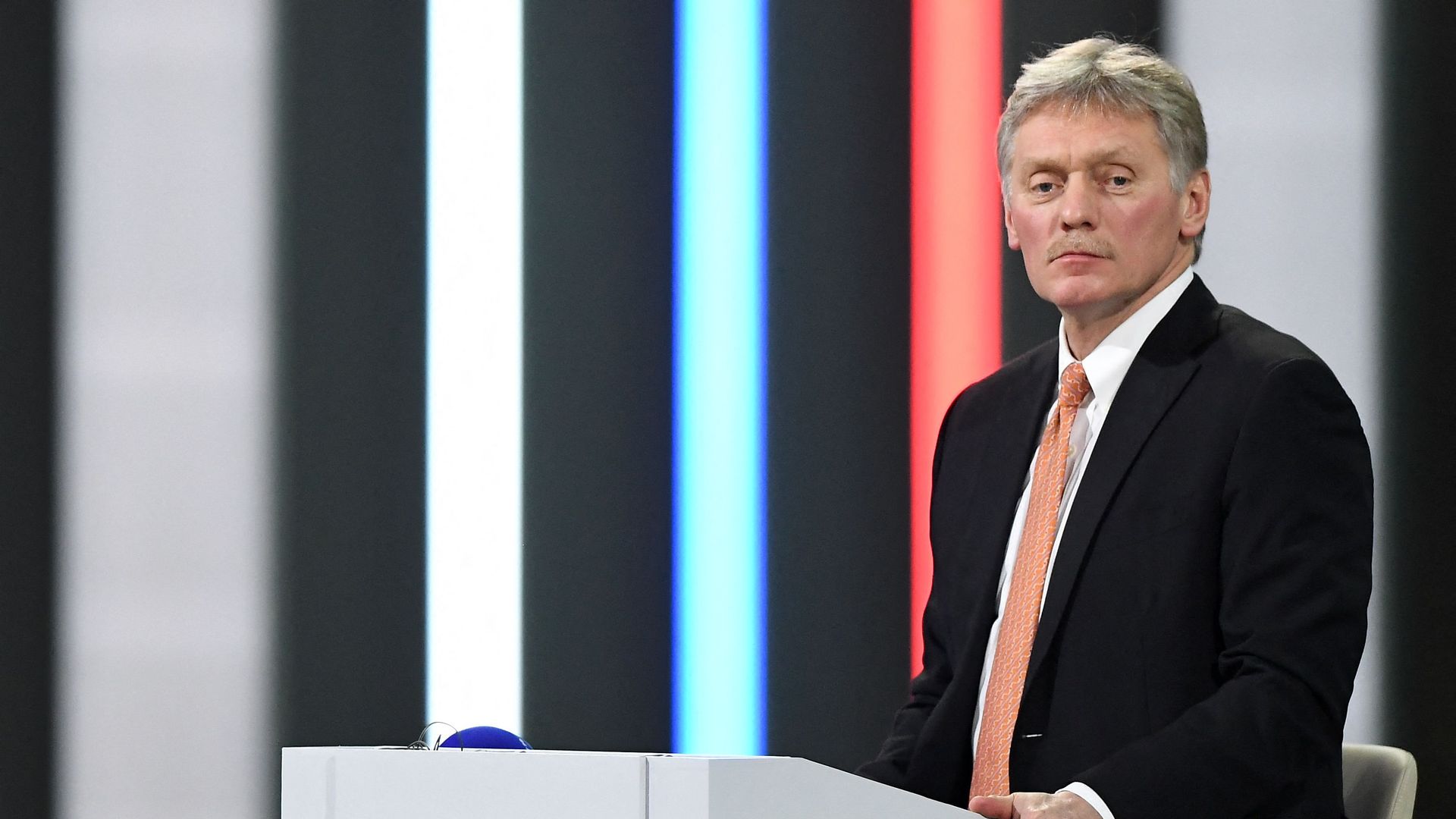 Kremlin spokesman Dmitry Peskov moderates Russian President Vladimir Putin's annual press conference at the Manezh exhibition hall in central Moscow on December 23, 2021.