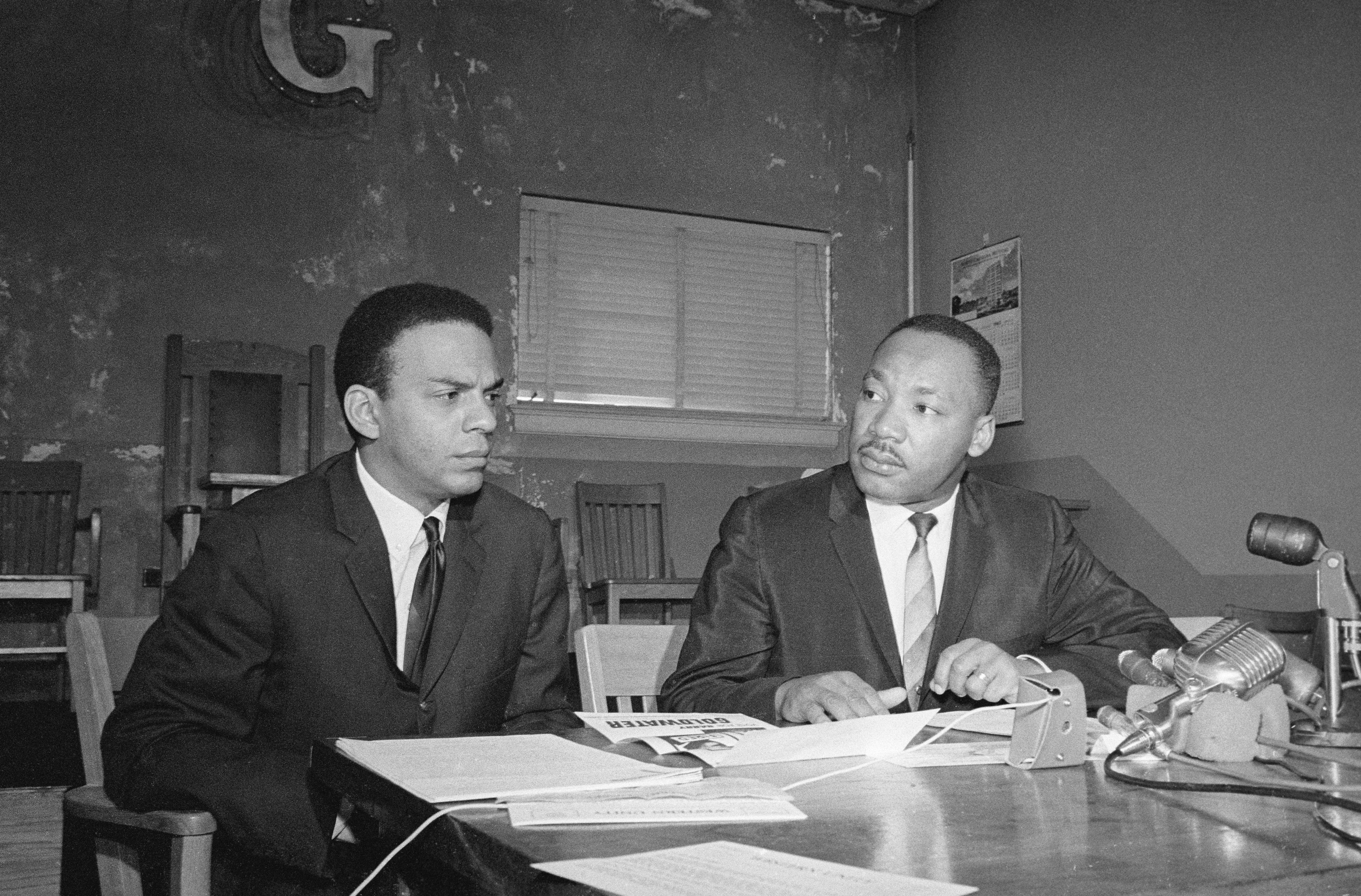 The Rev. Dr. Martin Luther King Jr. and Andrew Young (left) at a press conference. Now 91, Young is one of the last surviving members of Martin Luther King Jr.’s inner circle. The two were together from their first meeting in 1957 at a fraternity symposium at Talladega College until King was assassinated in Memphis, Tennessee, in 1968.