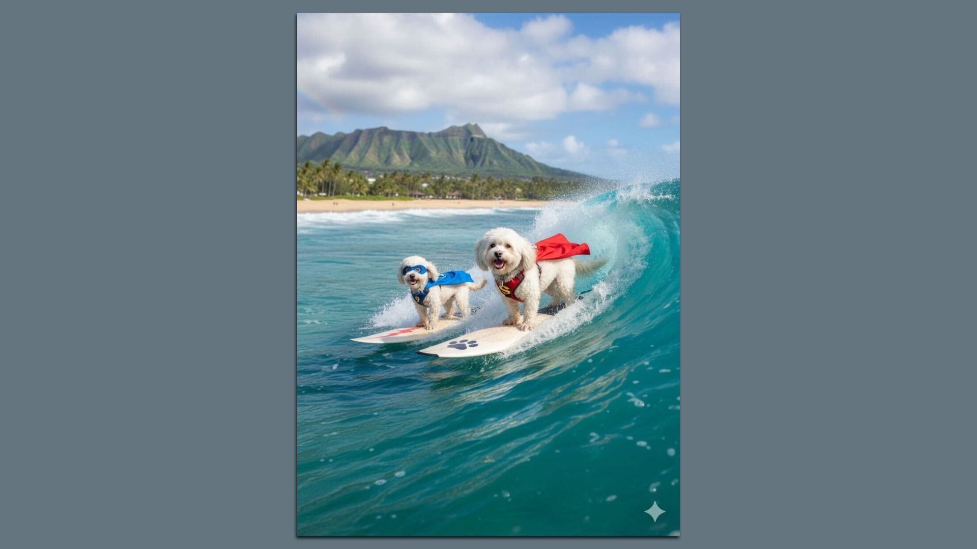 AI-generated image of two small white dogs wearing blue and red superhero capes surfing on ocean waves near a beach with palm trees and mountains under a partly cloudy sky.