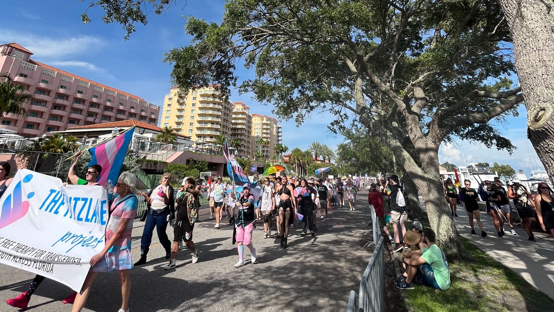 Dozens of people march in a parade hoisting blue and pink transgender pride flags. Pink and yellow condo buildings rise in the background.