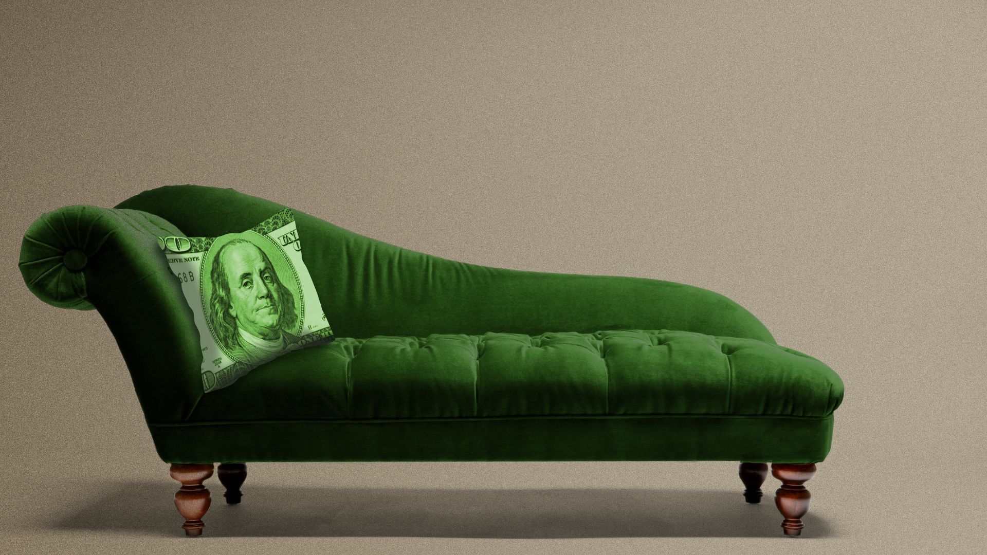 Illustration of a therapy couch with a pillow made of money.