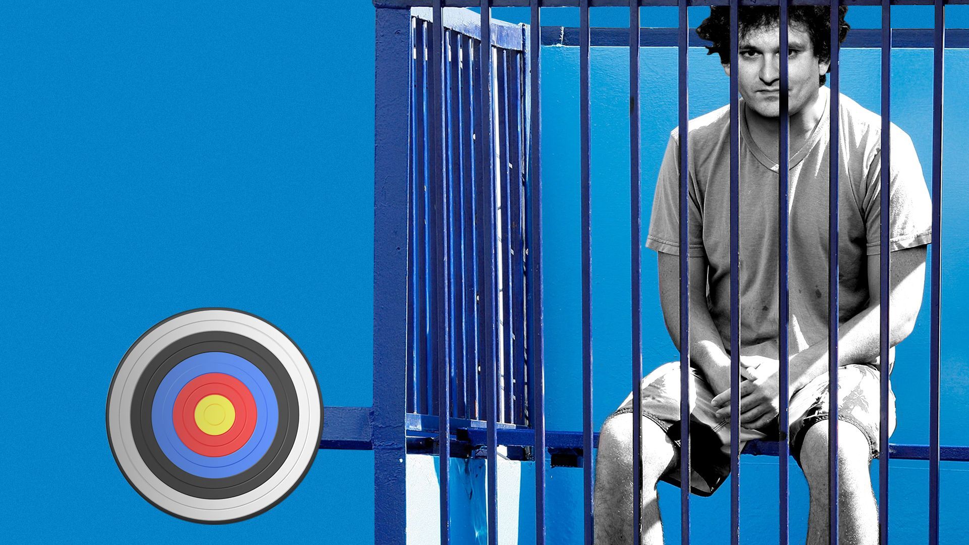 Photo illustration of SBF sitting in a dunk booth.