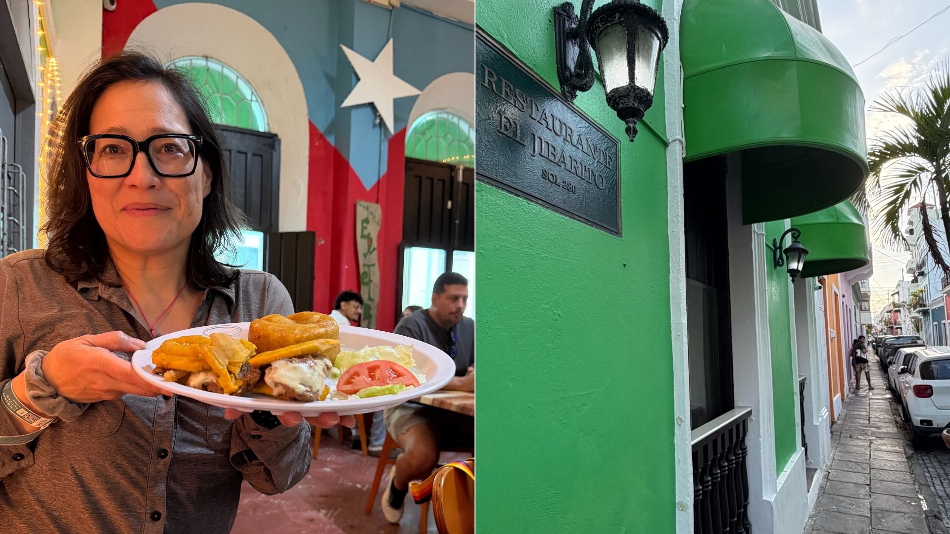 Left: Woman with glasses holding a plate of food inside a restaurant with a Puerto Rican flag wall. Right: Green exterior wall of Restaurante El Jibarito on a colorful street with cars parked.