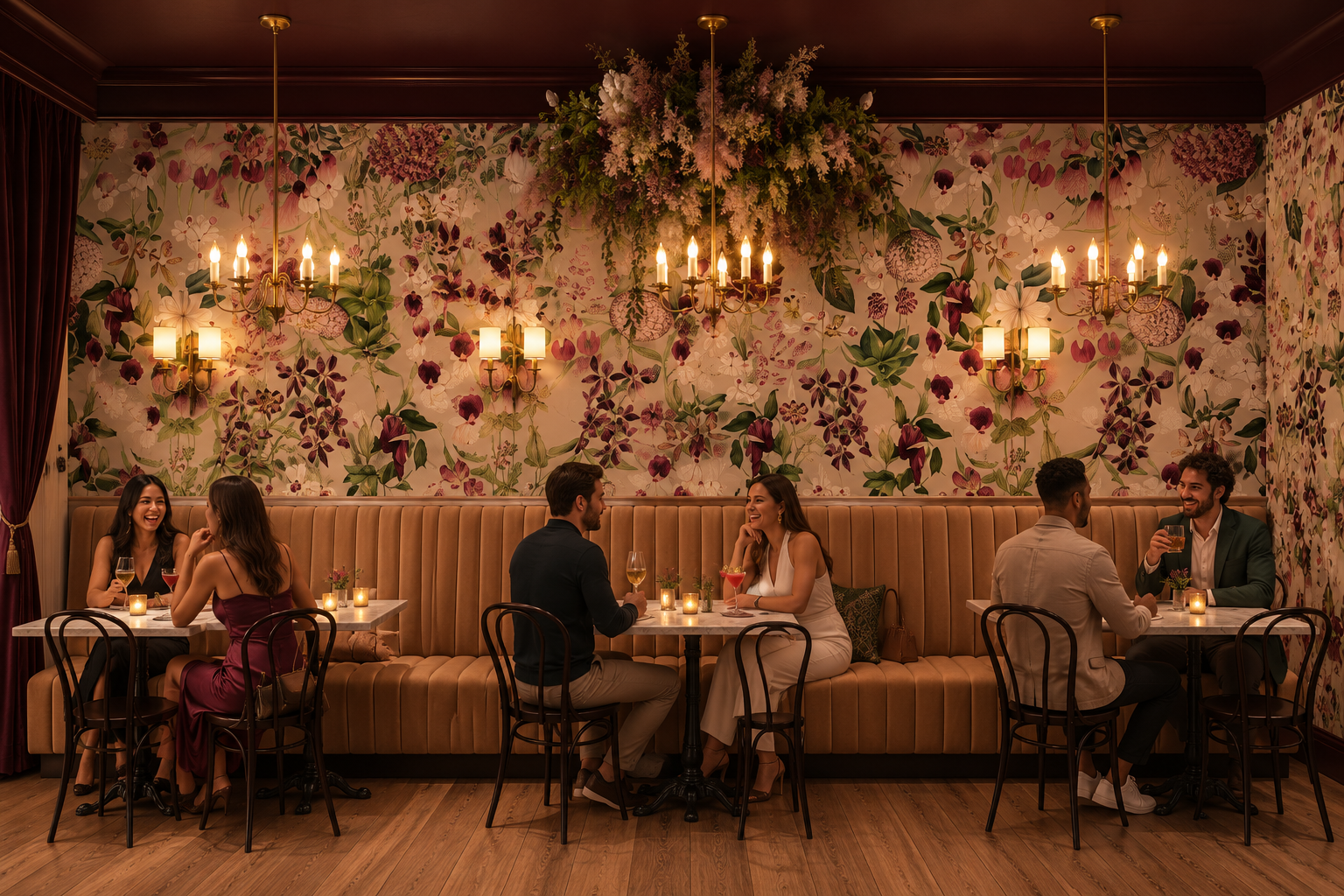Intimate restaurant interior with a peach velvet banquette, three tables of couples, candlelit glow, floral wallpaper in pinks and greens, brass chandeliers, and a greenery centerpiece overhead.