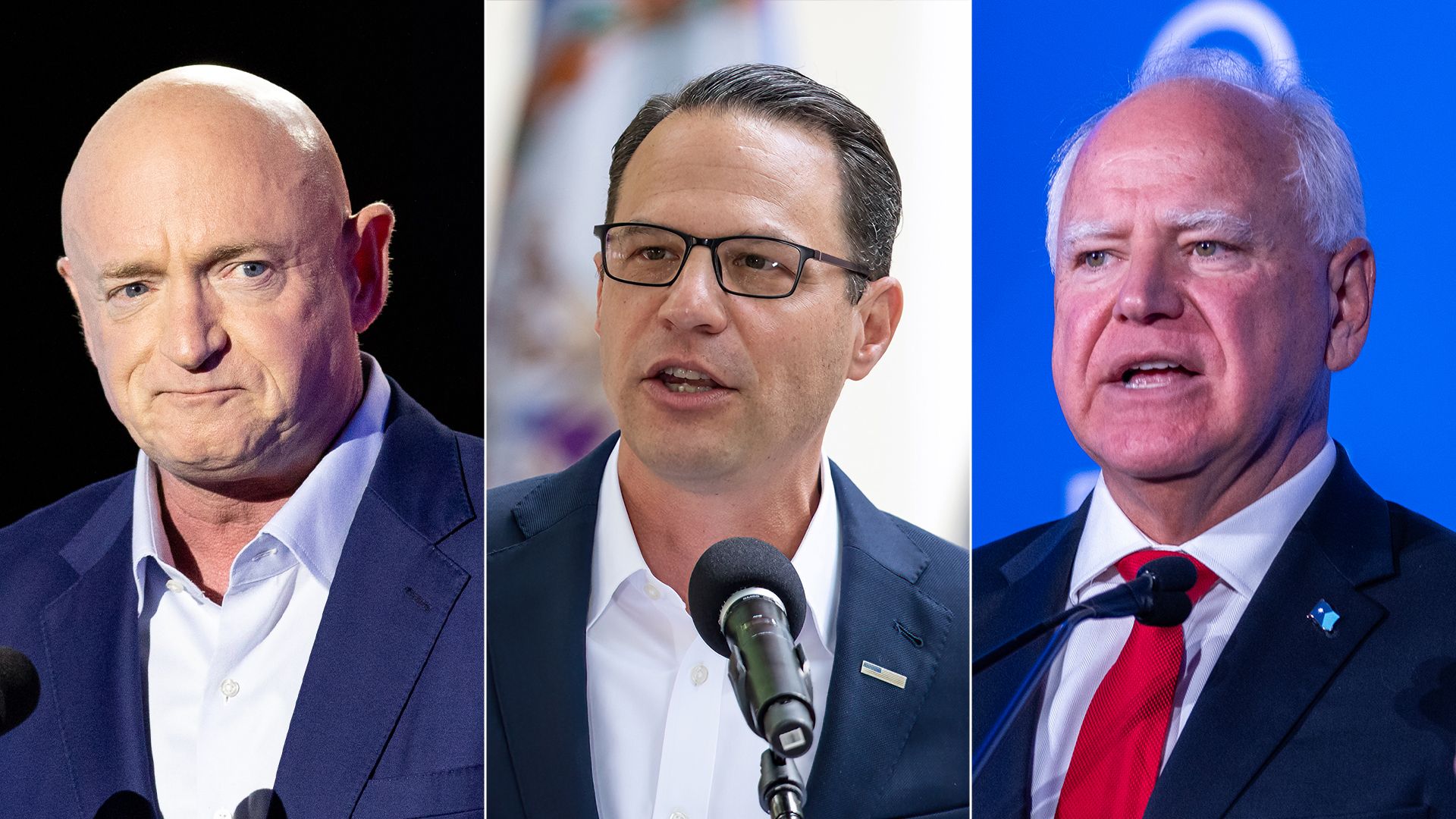 Photos of Mark Kelly, Josh Shapiro and Tim Walz