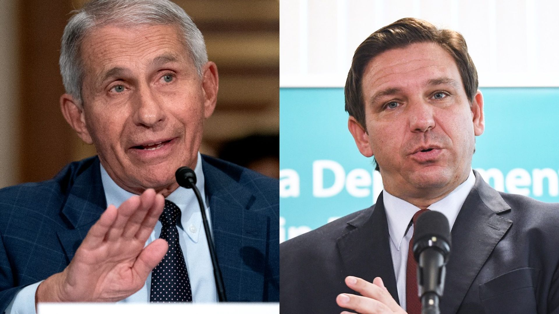 Photo of Anthony Fauci speaking on the left and Ron DeSantis speaking on the right