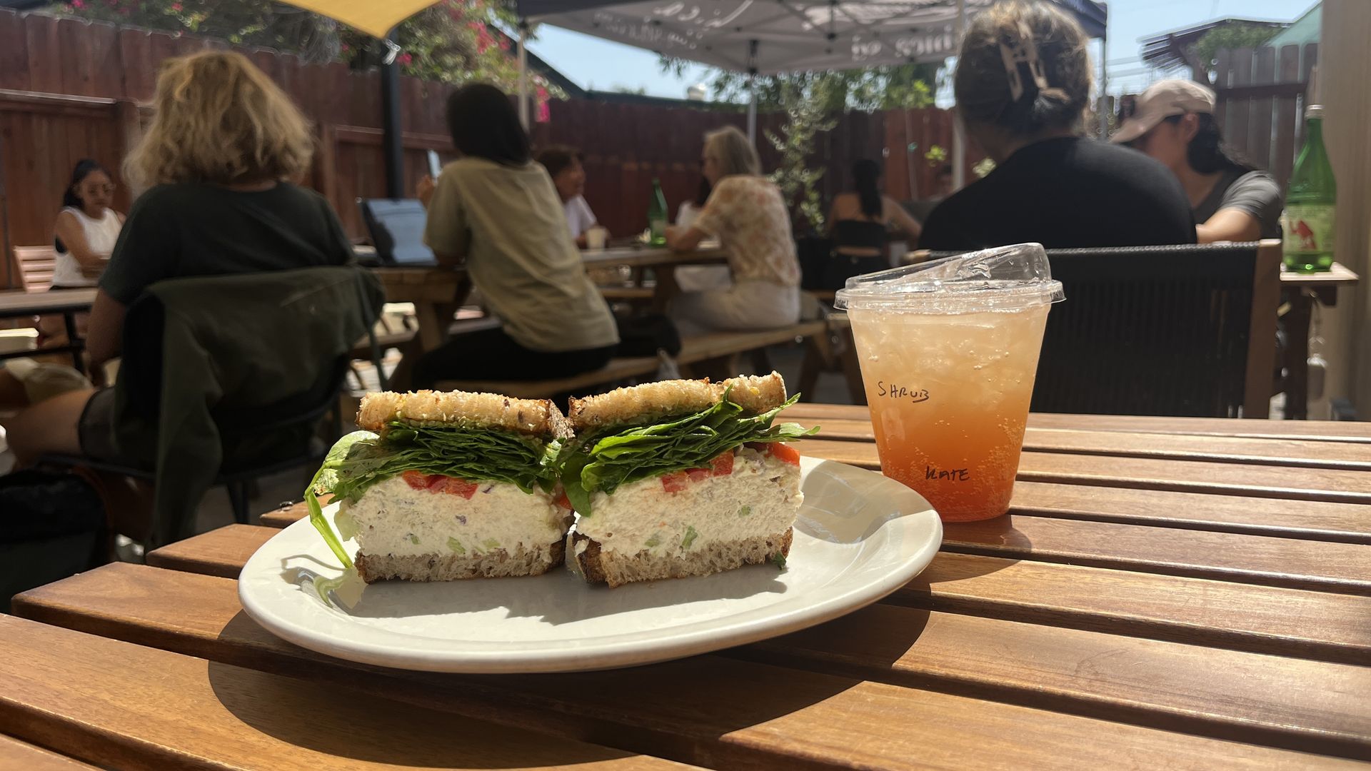 A tuna salad sandwich and strawberry soda on a patio table.