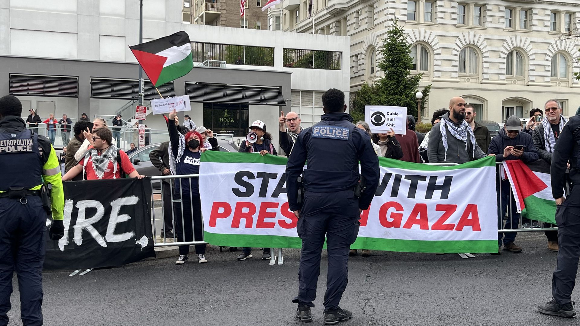 Pro-Palestinian protestors demonstrate outside the White House Correspondents' Association (WHCA) dinner at the Washington Hilton, in Washington, DC, on April 27, 2024.