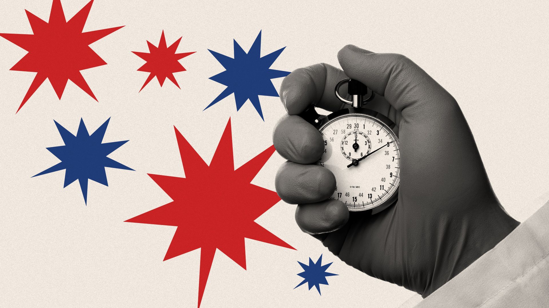 Illustrated collage of a hand with a surgical glove on holding a stopwatch.