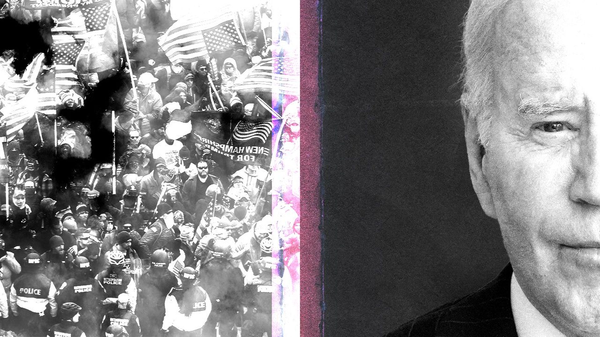 Photo illustration of President Joe Biden next to a photo of Trump supporters at the Capitol 