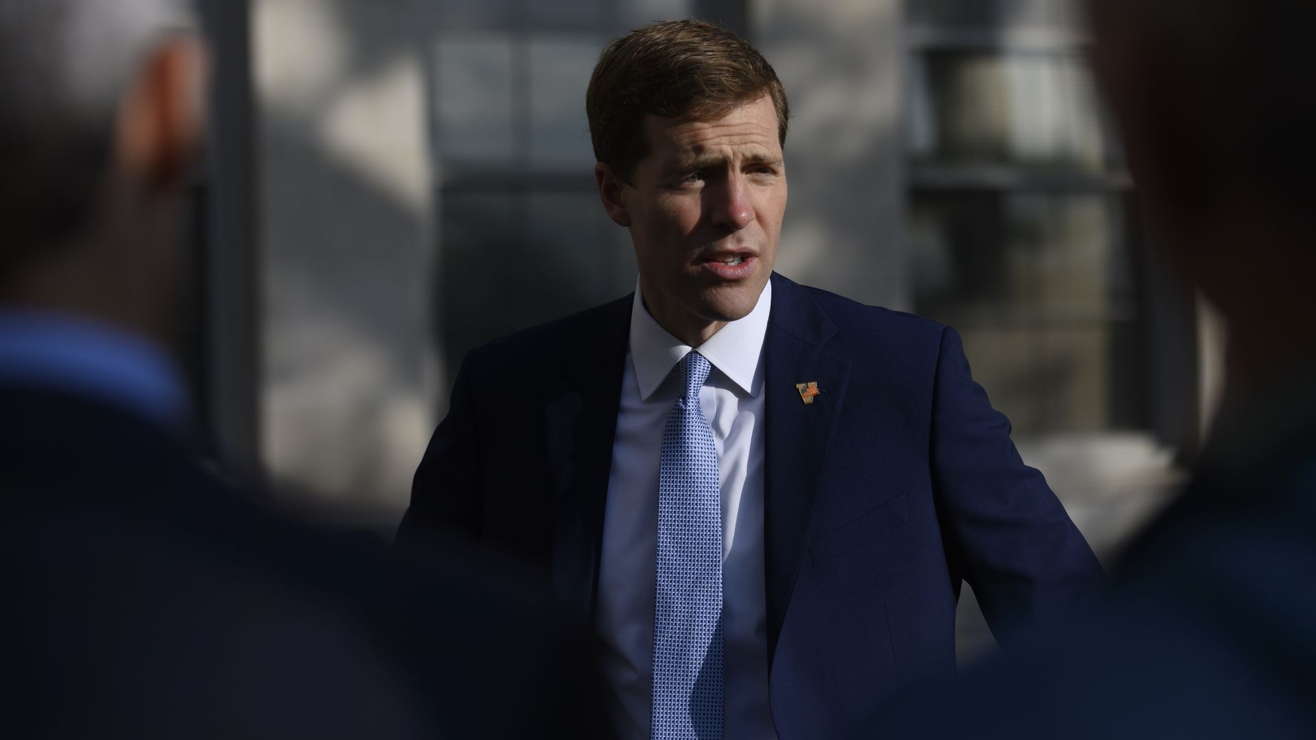 Democratic Senate candidate, Rep. Conor Lamb (D-PA) talks to the press after arriving at his polling location at Mellon Middle School on May 17, 2022 in Pittsburgh,