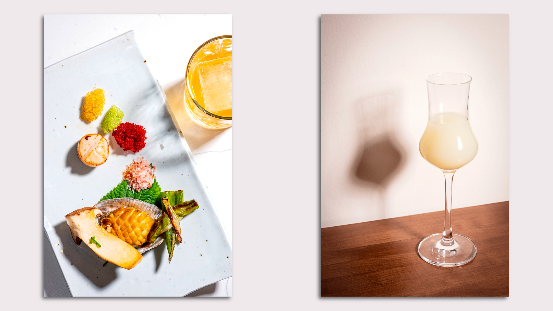 Butter-grilled abalone (left) and a makkgeolli cocktail (right)