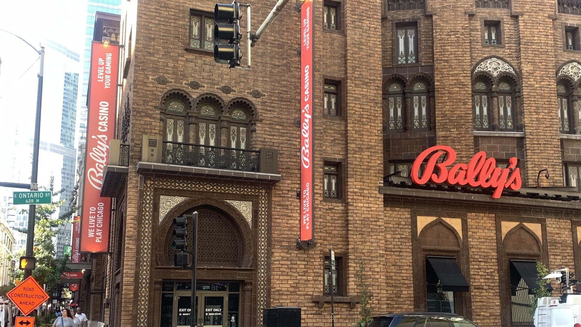Chicago's Medinah Temple with red Bally's signs on it.