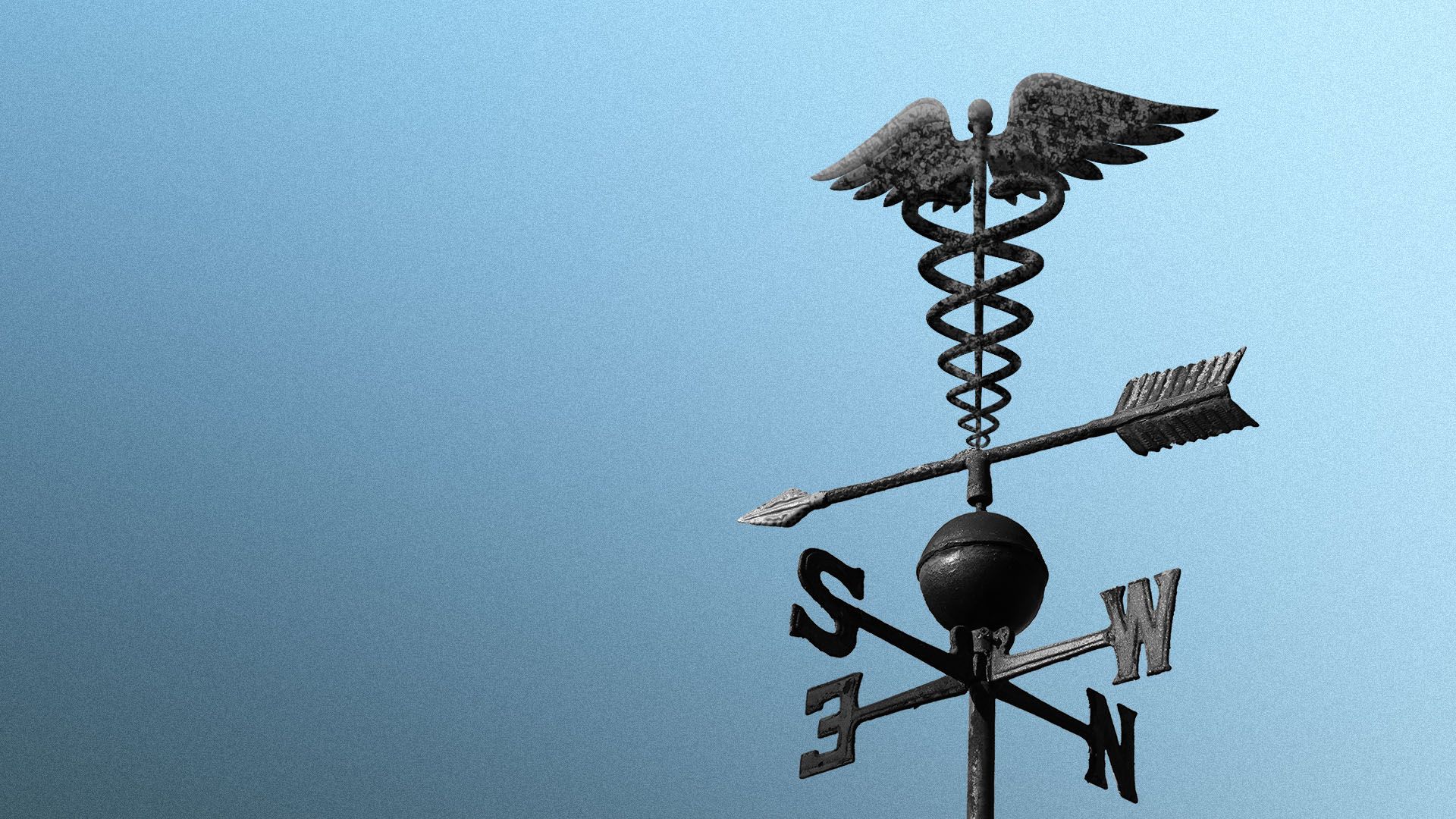 Illustration of a weathervane with a caduceus at the top point towards darker skies