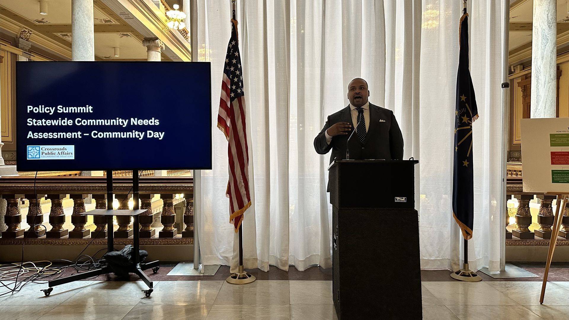 Marhsawn Wolley, a principal at Crossroads Public Affairs, speaks at the Indiana Statehouse.