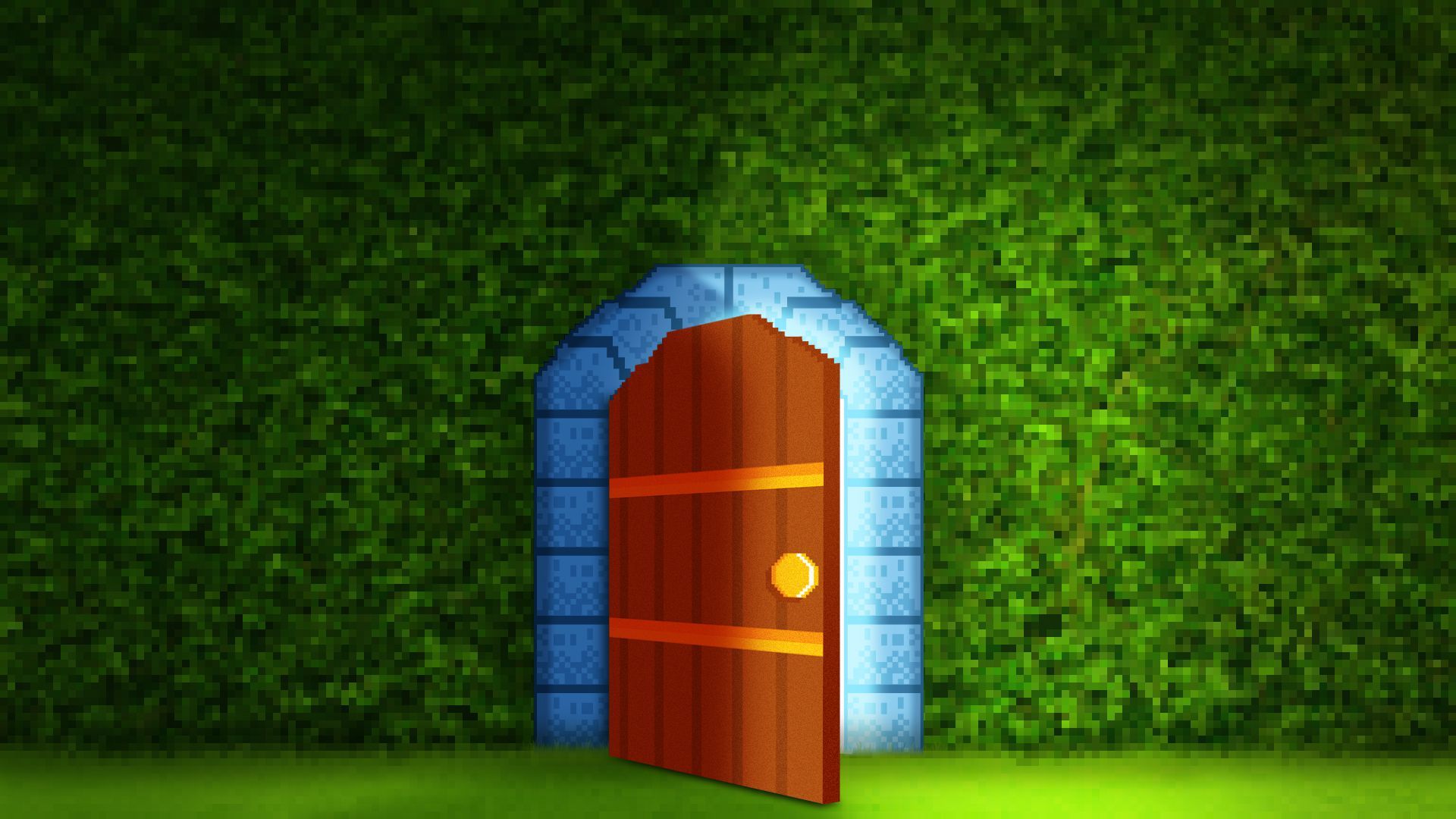 Illustrated of a pixelated hedge with an open digital door 