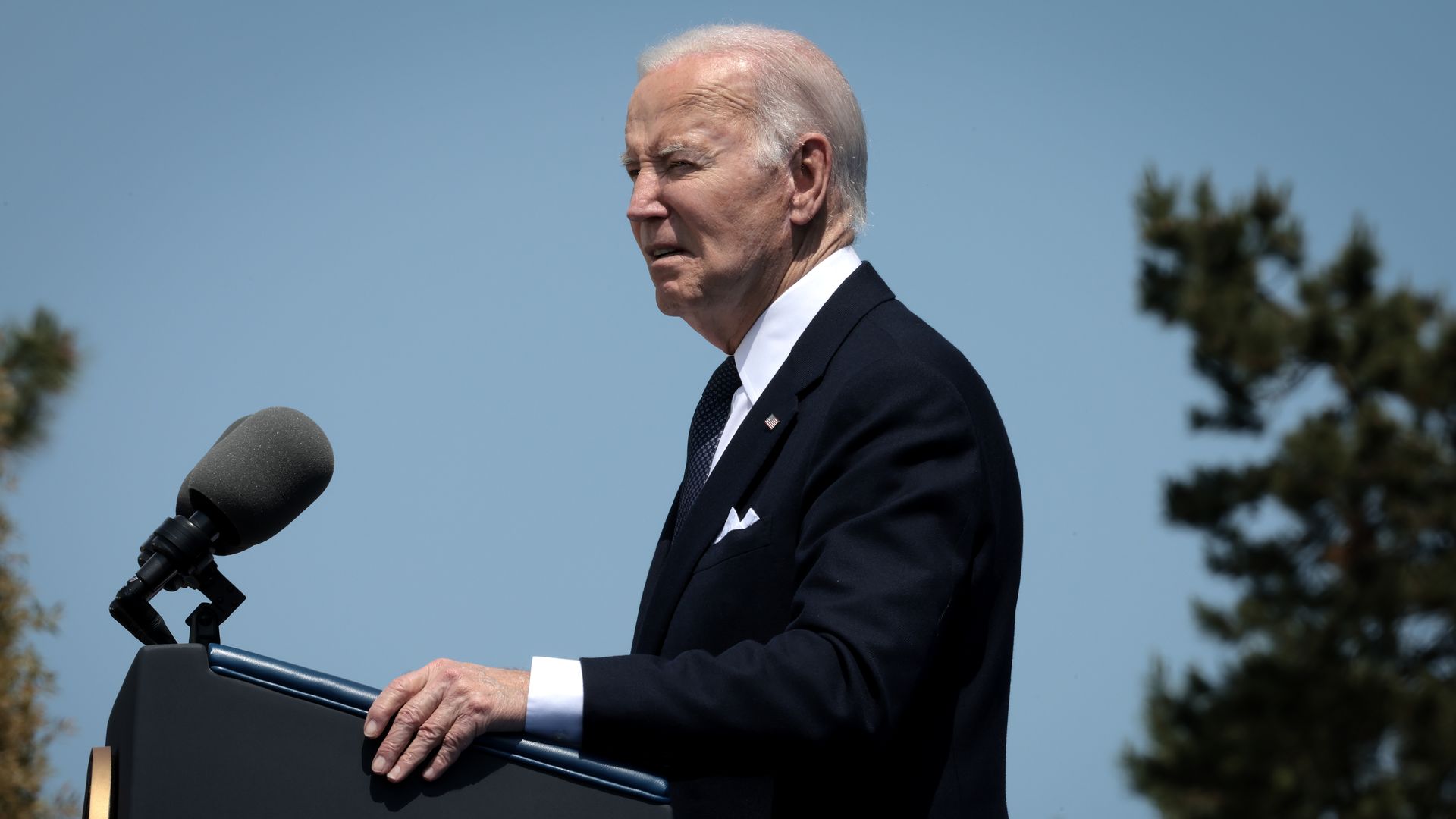 U.S. President Joe Biden speaks during a ceremony at the Normandy American Cemetery on the 80th anniversary of D-Day on June 06, 2024 in Colleville-sur-Mer, Franc