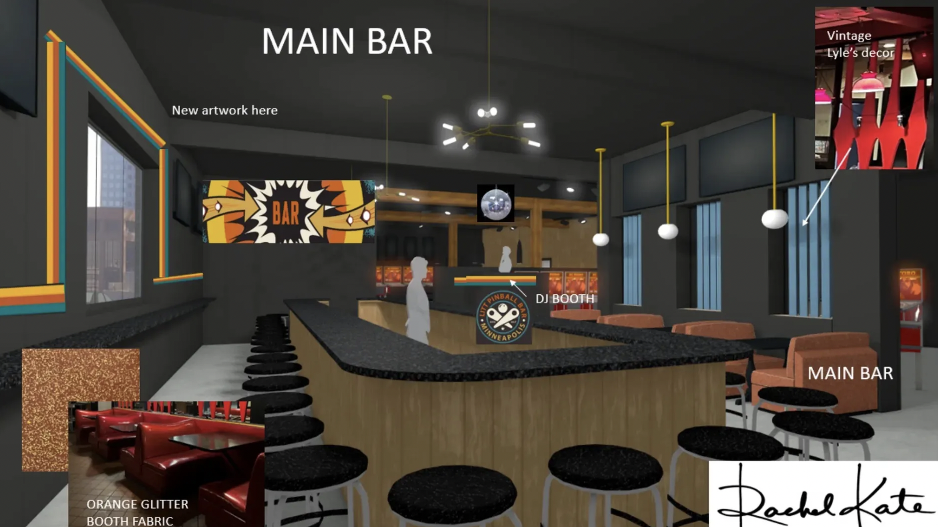 pinball bar interior with a horsehoe shaped bar