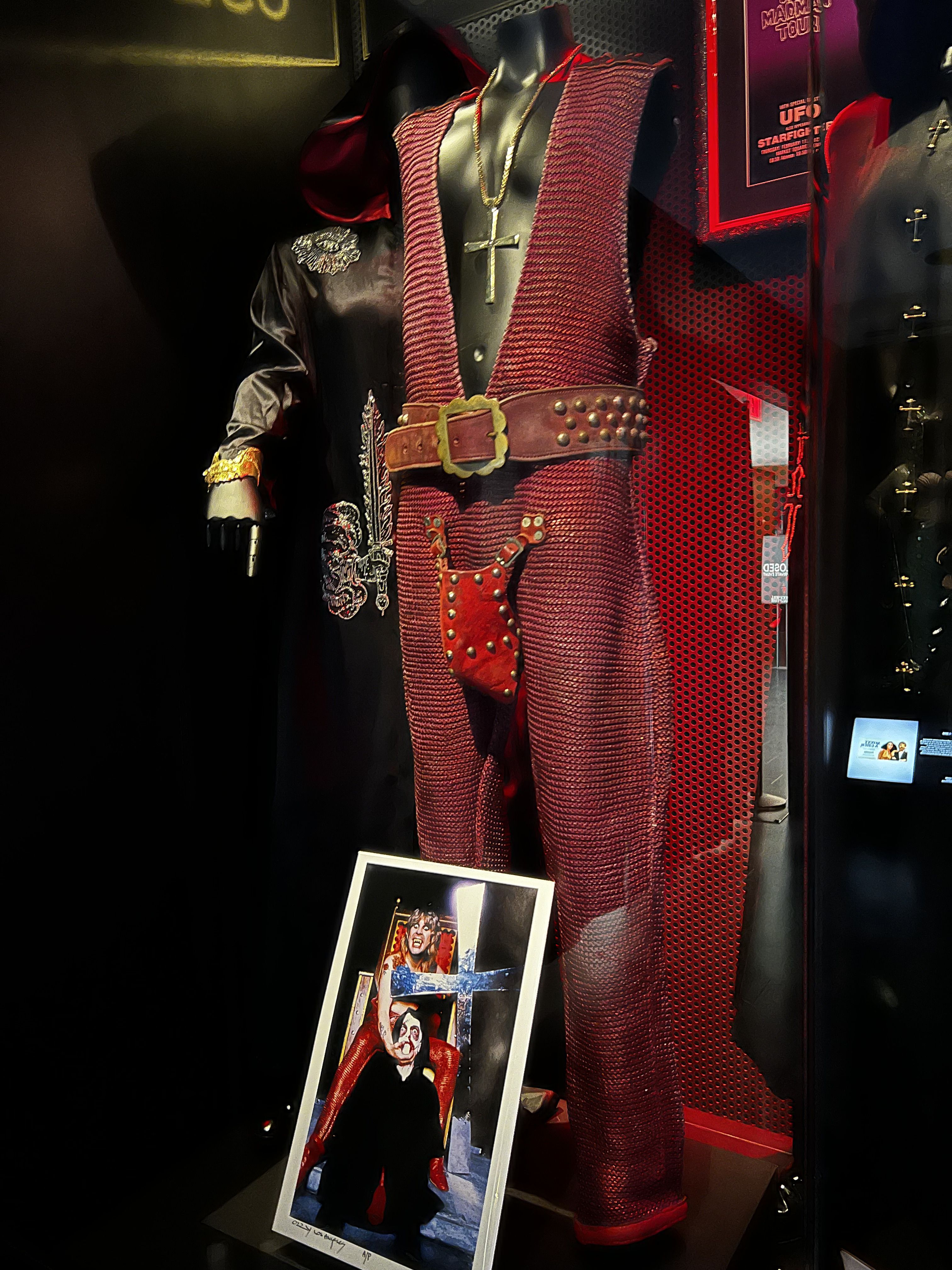 Outfits from Ozzy Osbourne on display inside the Rock Hall.