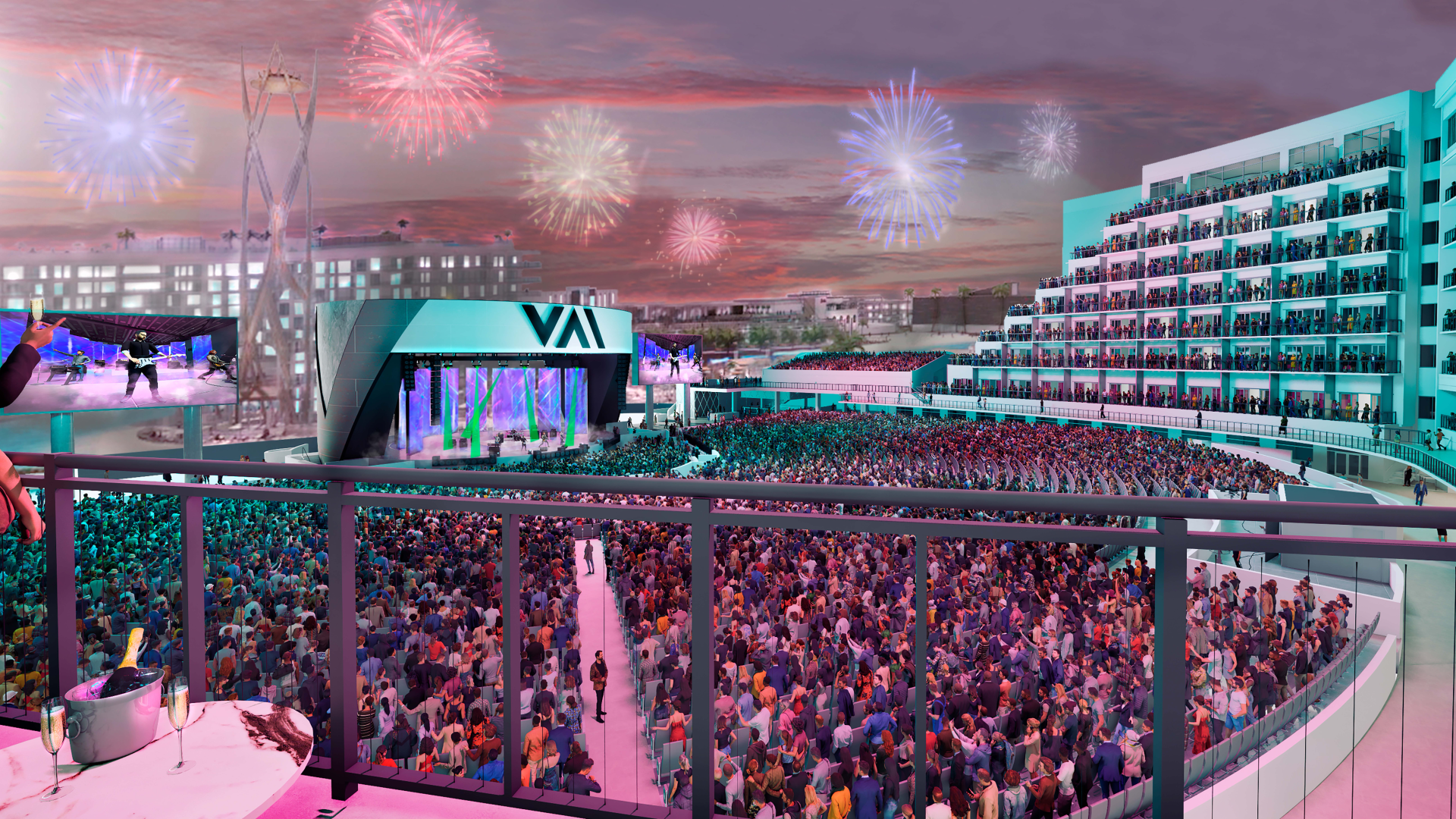 An artist's rendering of an amphitheater concert venue filled with people inside a resort complex. 