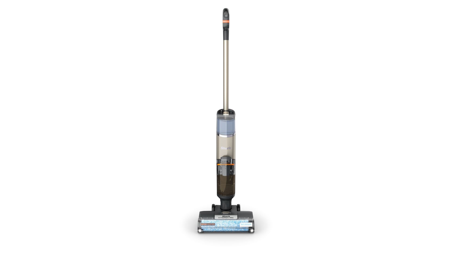 A Shark upright vacuum and mop combo cleaner with a sleek gold and black design.