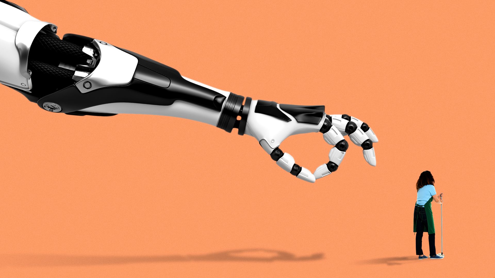 Illustration of a giant robot arm with it's hand getting ready to flick a retail/janitorial worker off screen