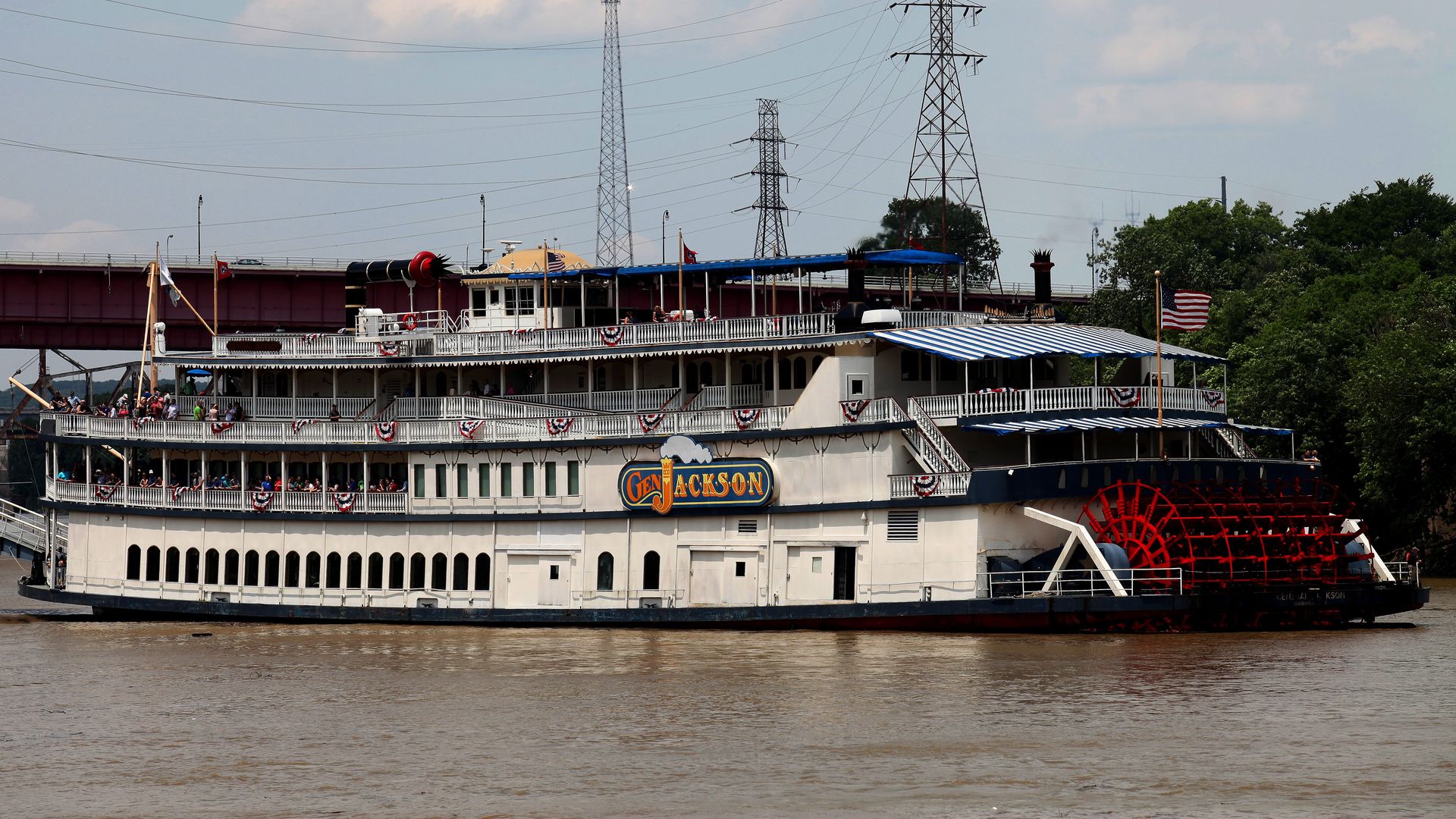 The General Jackson Showboat makes its way along the Cumberland River in Nashville, Tennessee on May 27, 2016.
