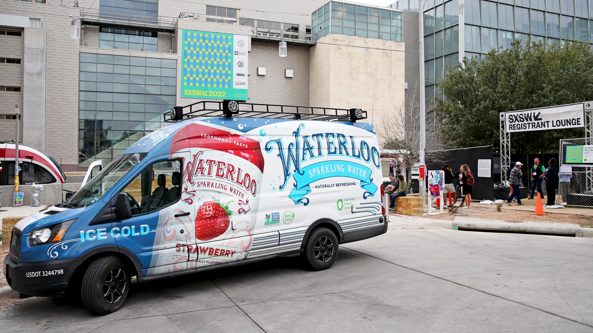 A Waterloo water van in downtown Austin in 2022.