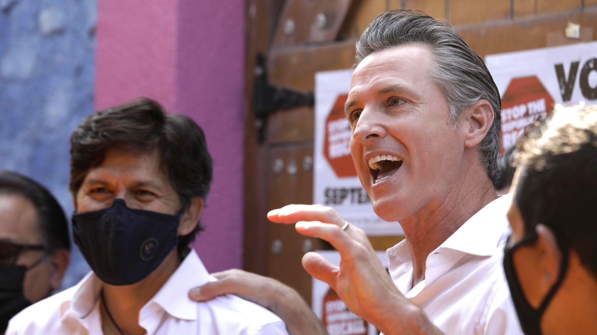 California Gov. Gavin Newsom makes a statement against his recall while meeting with Latino leaders at Hecho en Mexico restaurant in East Los Angeles.