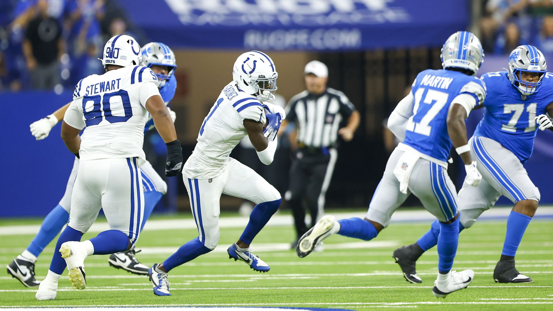 Indianapolis Colts cornerback Sauce Gardner (1) runs up field after making the interception during the first quarter of play during a NFL preseason game between the Detroit Lions and the Indianapolis Colts on August 29, 2026 at Lucas Oil Stadium in Indianapolis, IN.