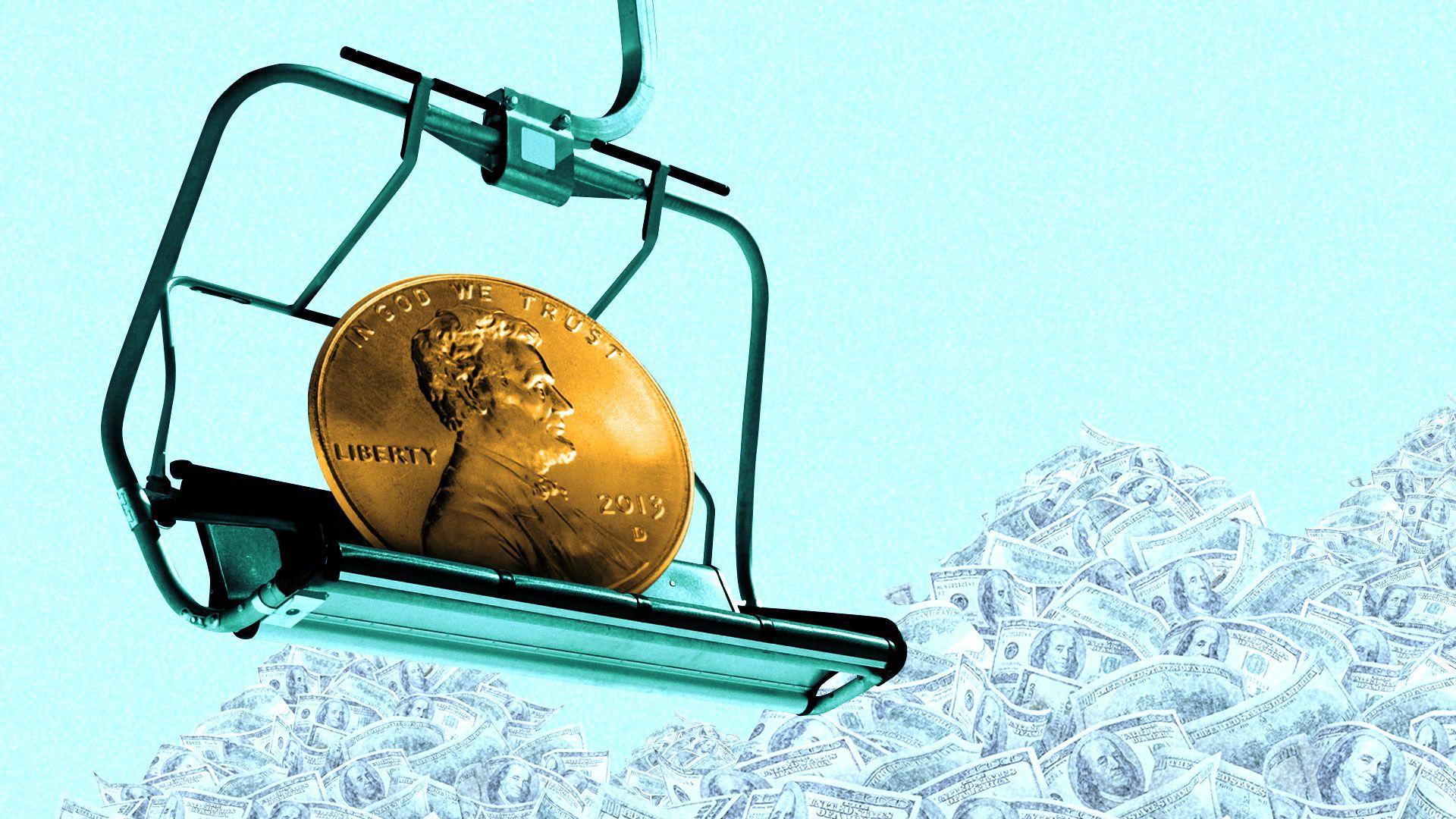 Illustration of a large penny sitting on a chairlift with mountains of cash in the distance