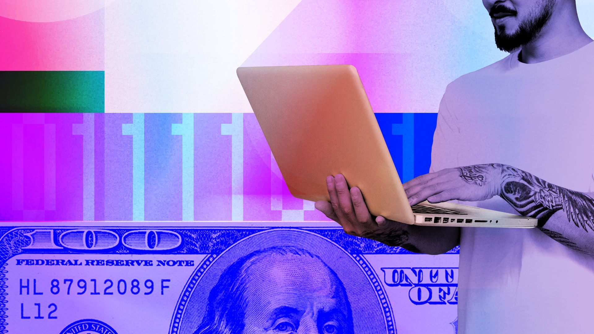 Illustrated collage of a man with an open laptop with binary code, a hundred dollar bill, and various shapes