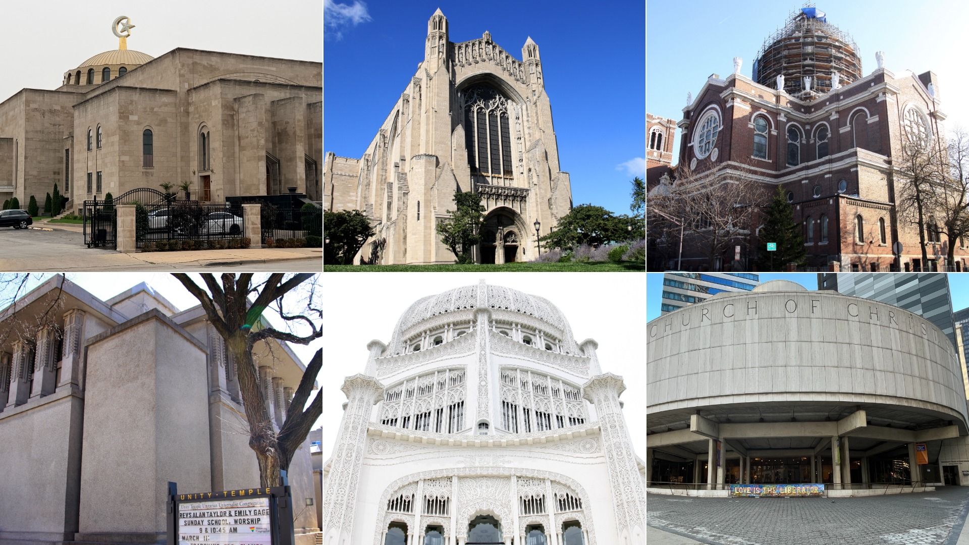 Six-photo collage of diverse houses of worship: domed building with crescent, Gothic cathedral, brick church with scaffolding; stucco structure, white Bahá'í Lotus Temple, and curved modern church facade.