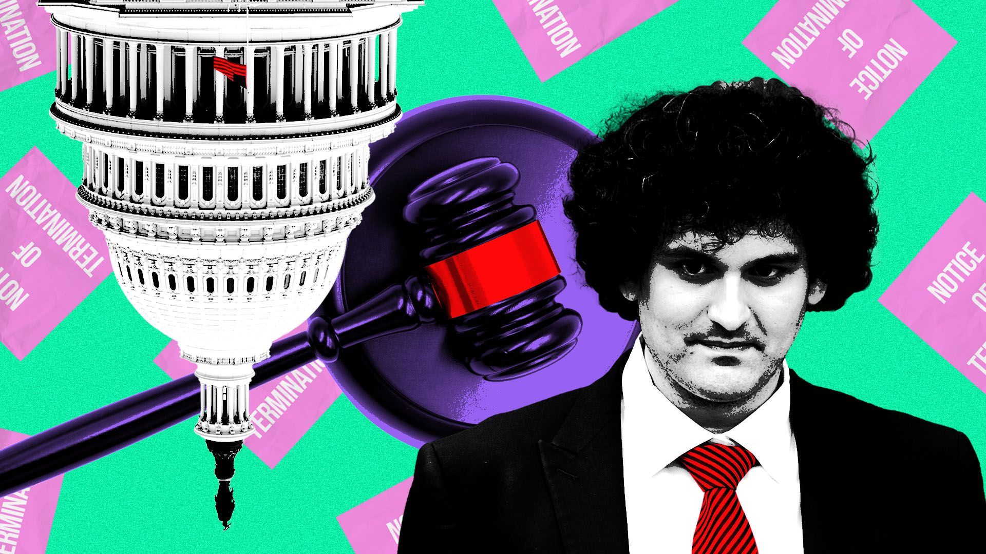 Photo illustration of Sam Bankman-Fried, the Capitol dome, a gavel, and pink slips in the background