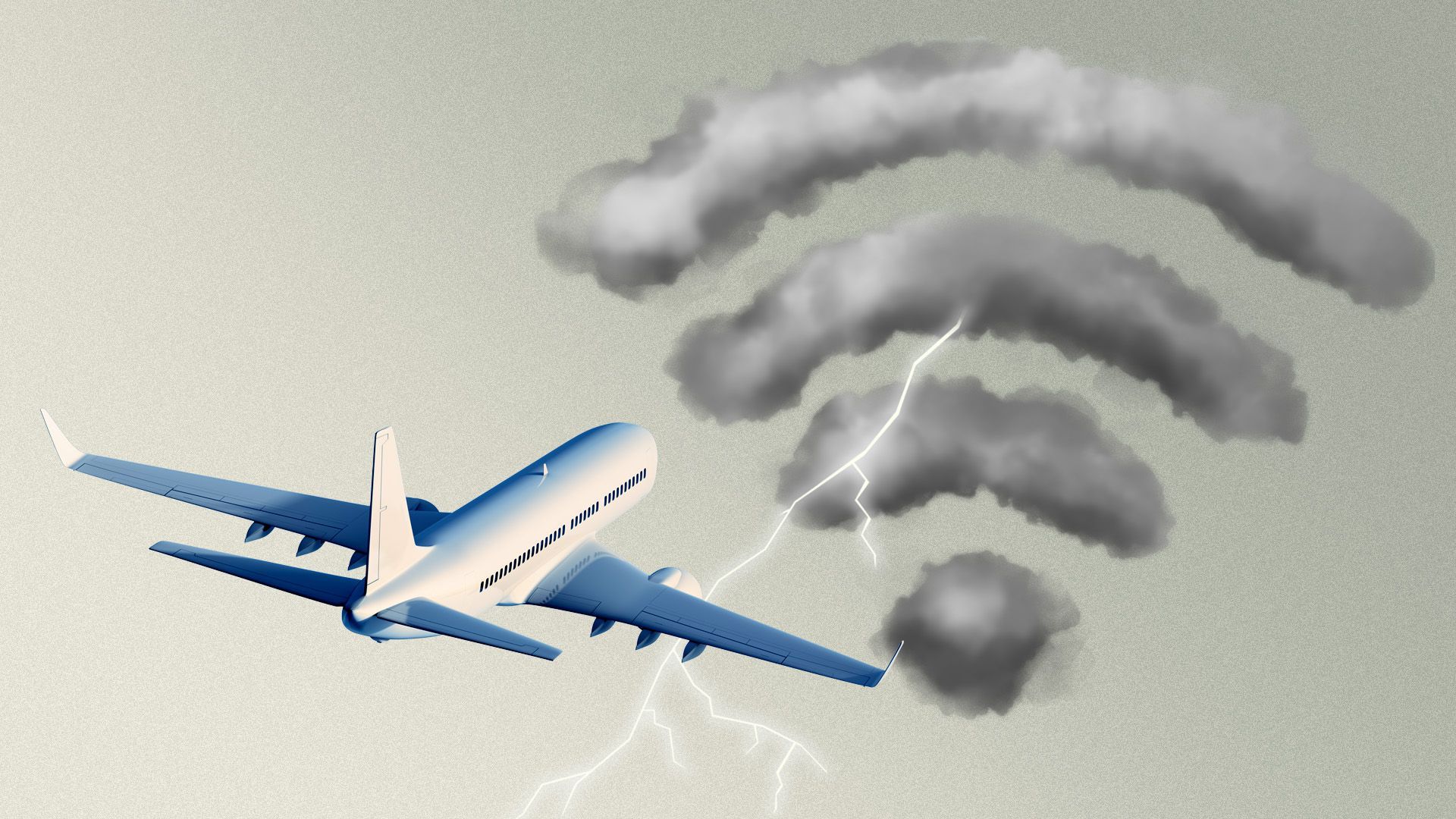 Illustration of an airplane flying into a storm cloud shapes as the wireless symbol