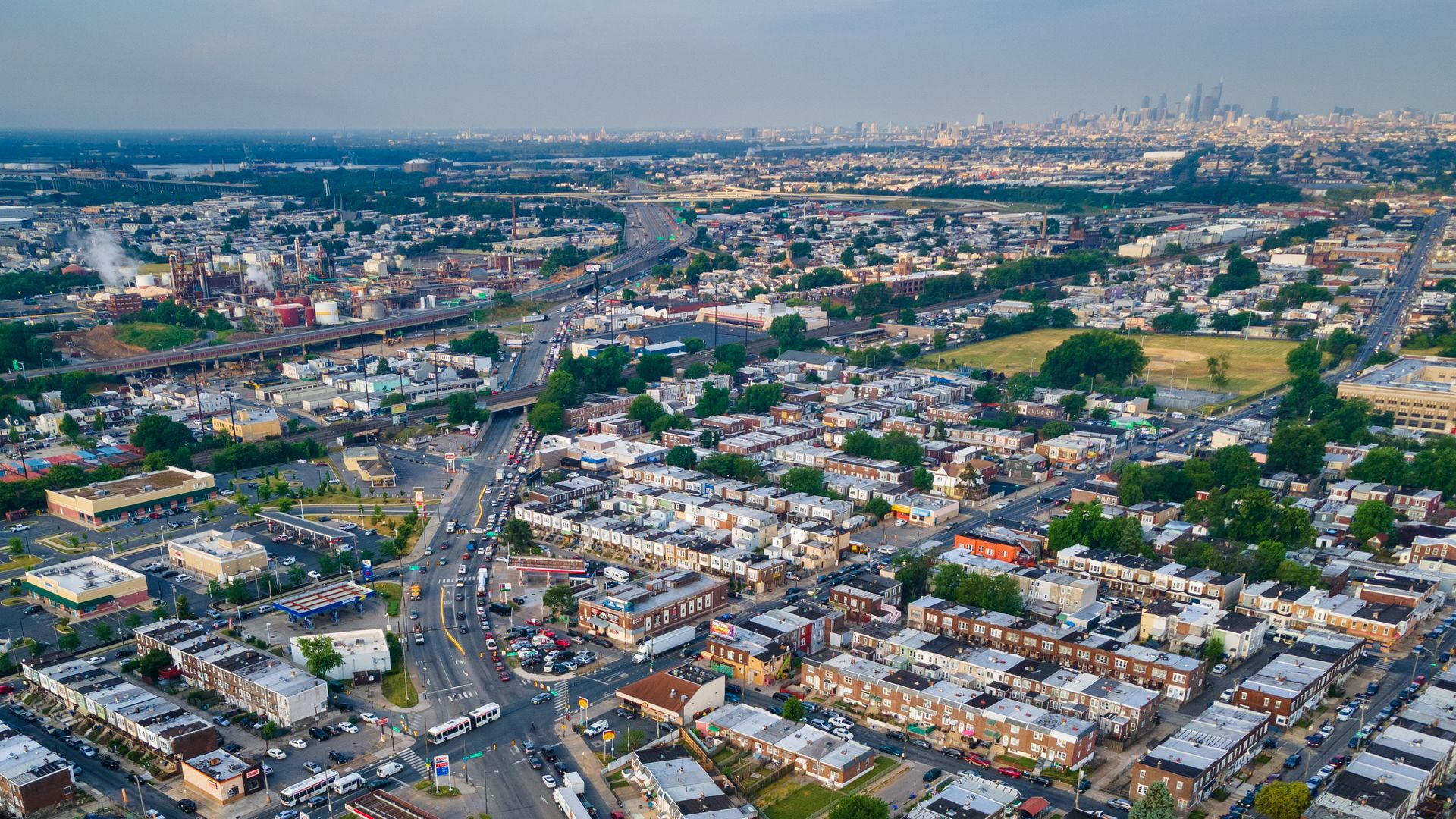 An aerial view of Harbison Avenue clogged with traffic as it approaches I-95 in Philly.