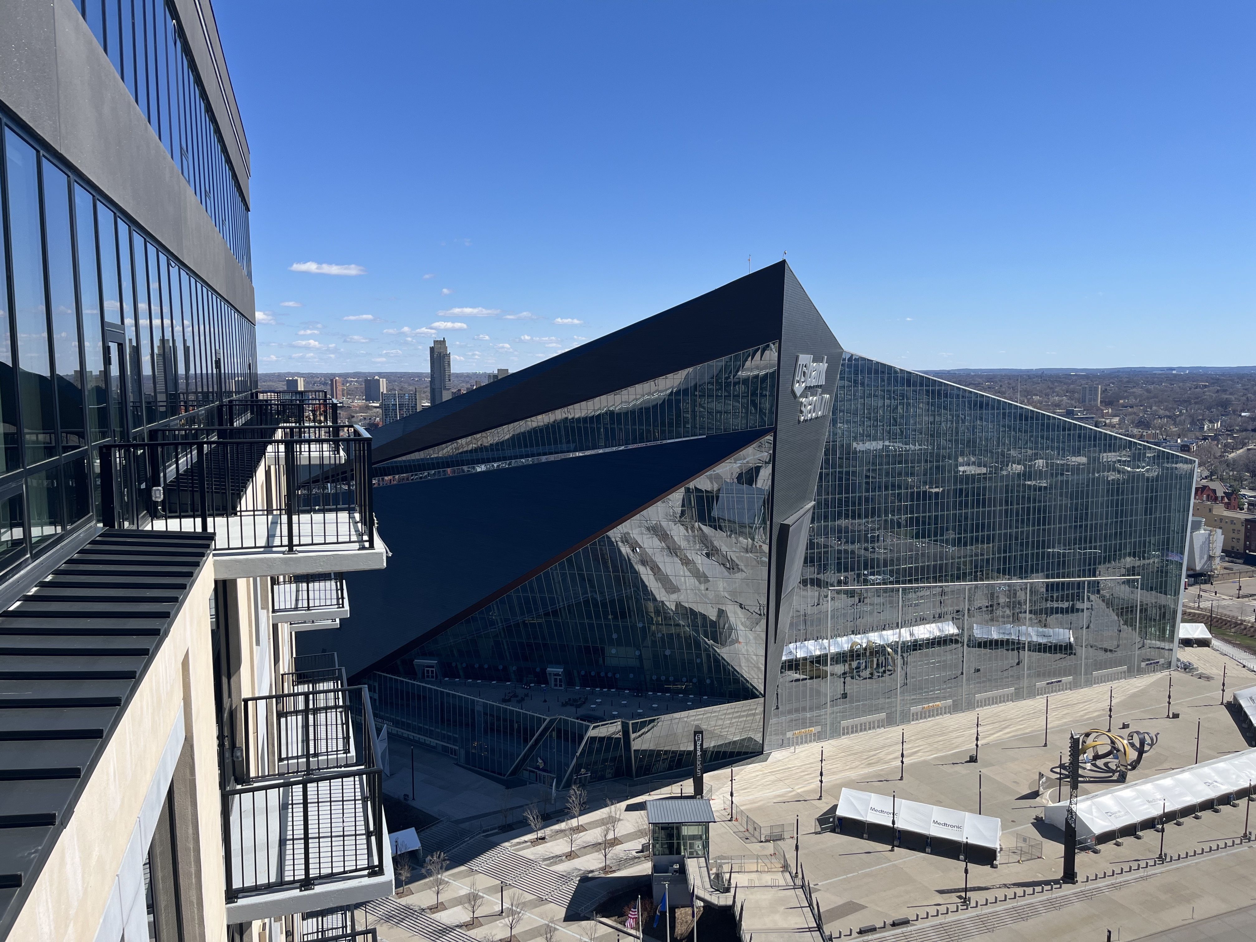 A view looking down at US Bank Stadium from a balcony