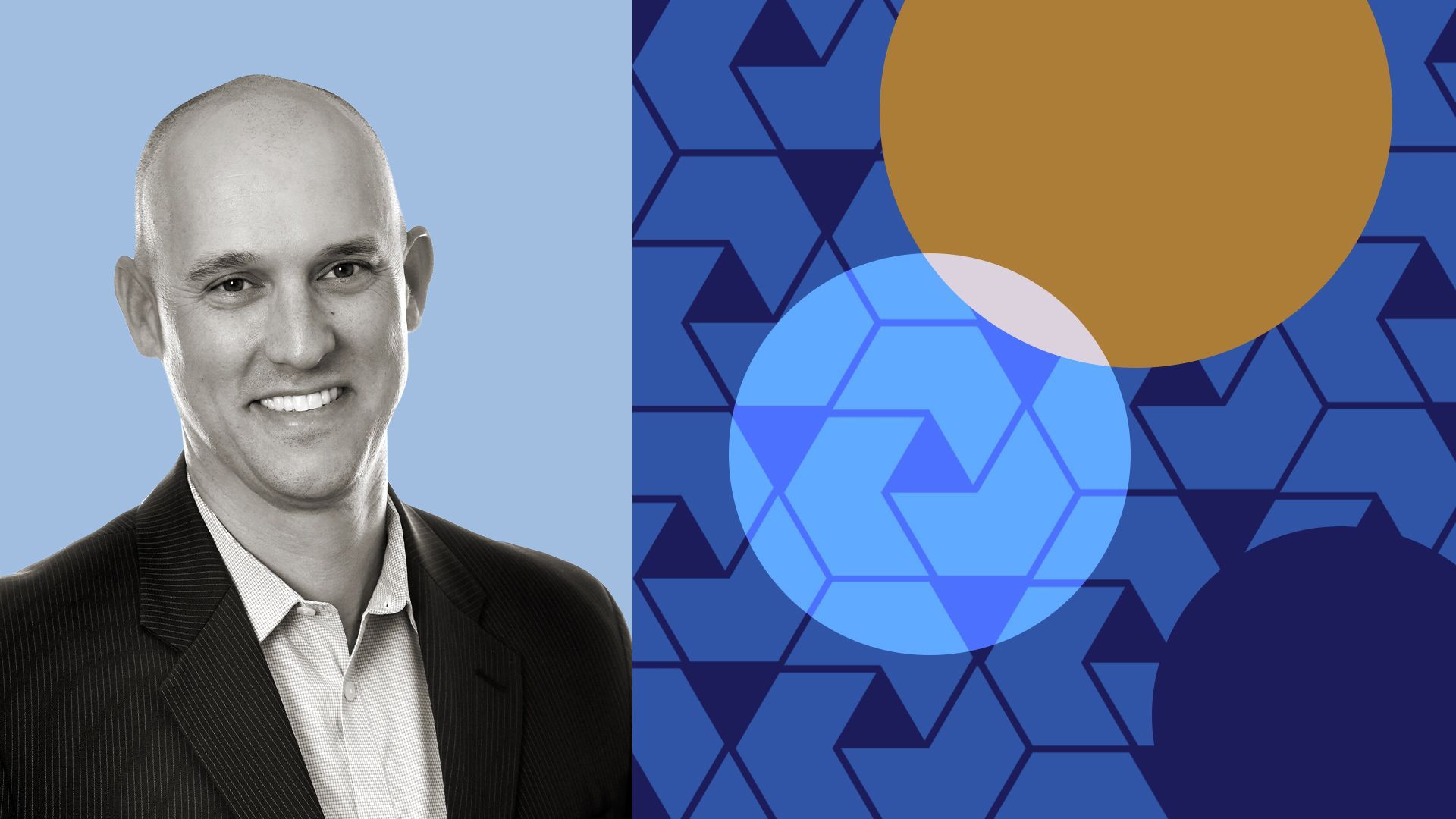 Photo illustration of Alex Mason surrounded by a pattern of the FTV Capital logo and abstract shapes