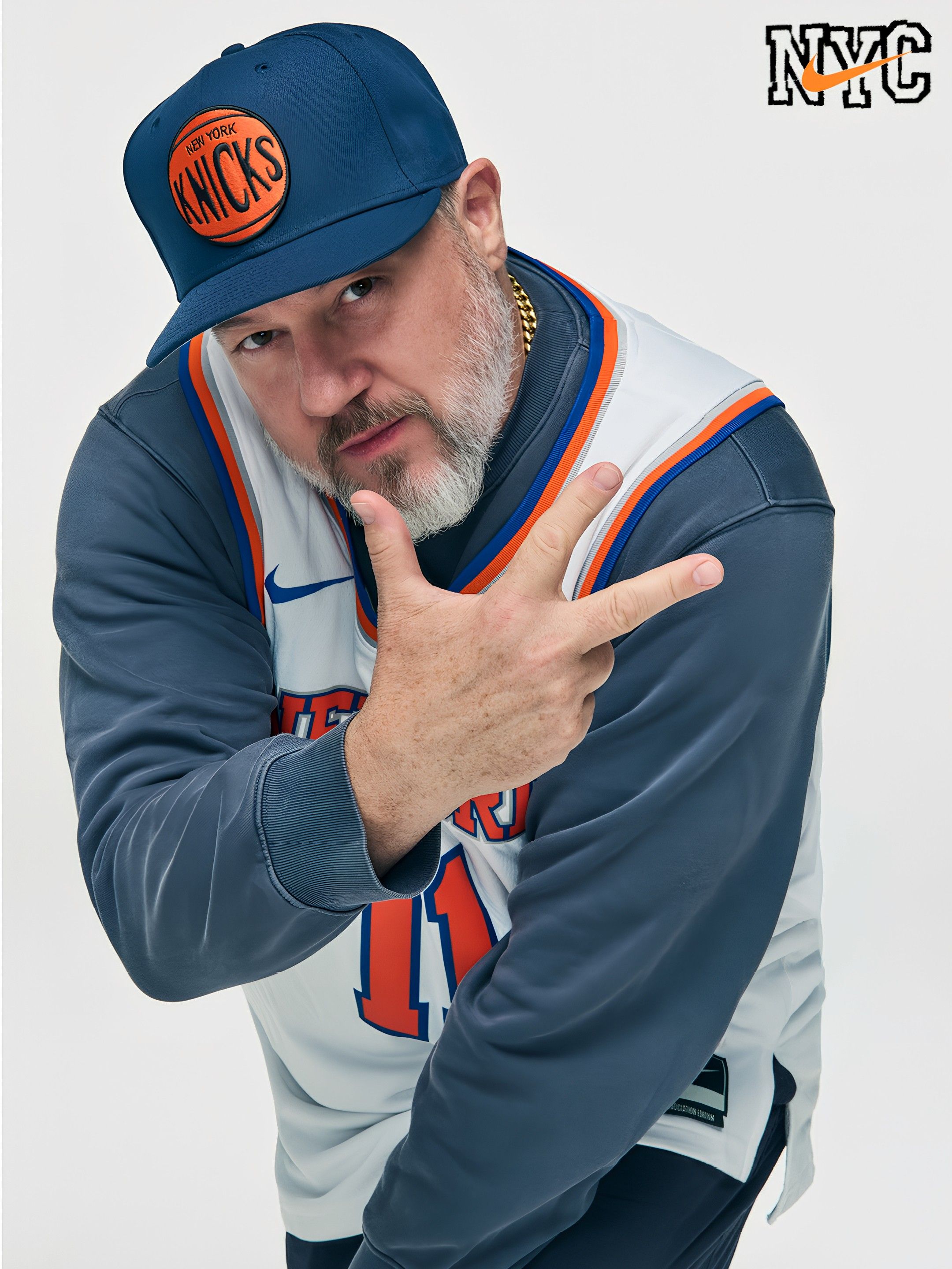 A bearded man in a blue Knicks cap with an orange Knicks logo and a blue-gray Knicks jersey, making a peace sign with his hand; NYC logo with an orange swoosh is in the upper-right.