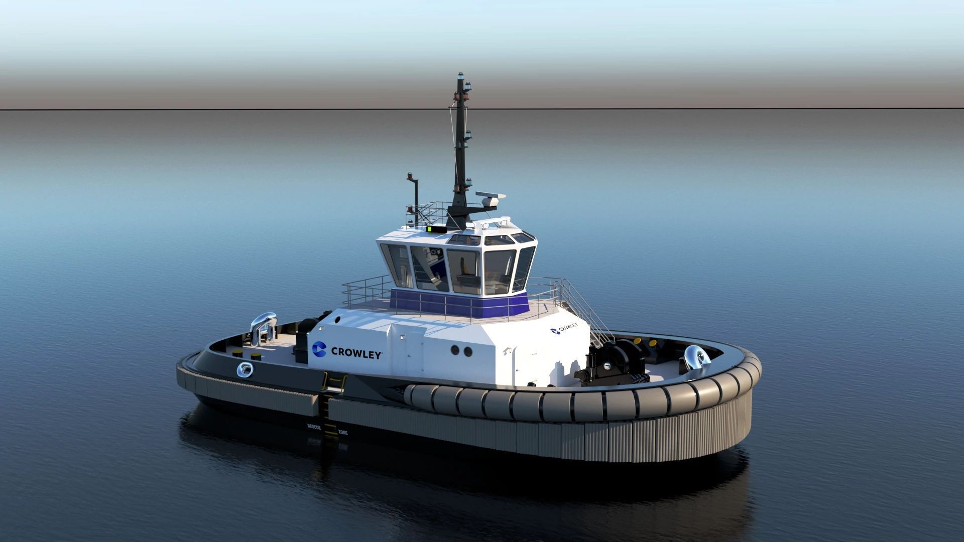 A rendering of a zero-emissions, electric tugboat that's grey and white sitting on water.