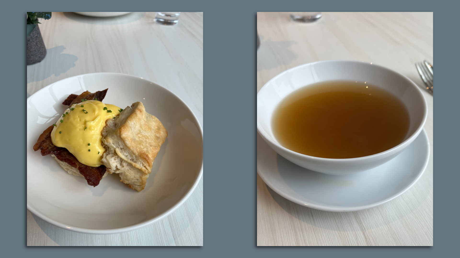 A photo showing eggs benedict on the left and a bowl of broth on the right 