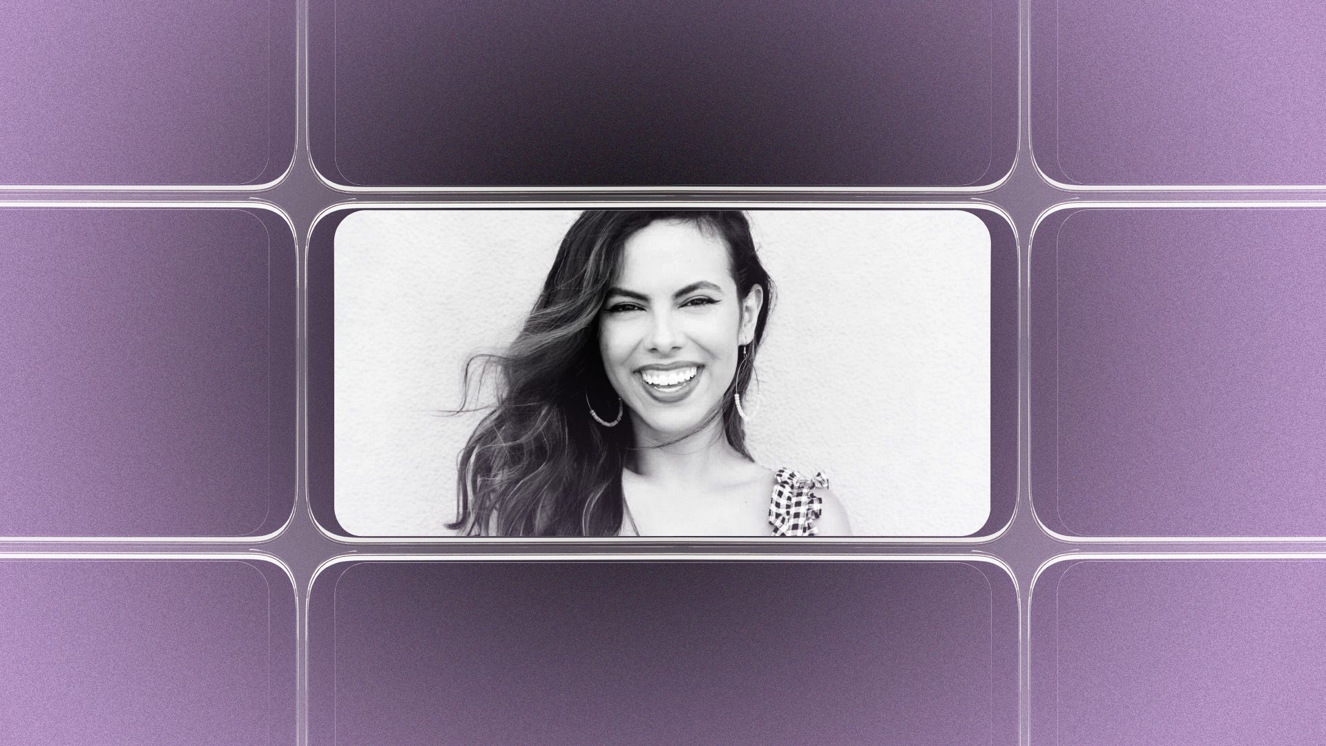 Photo illustration of a grid of smartphone screens, the center one showing an image of Rachel Emma.