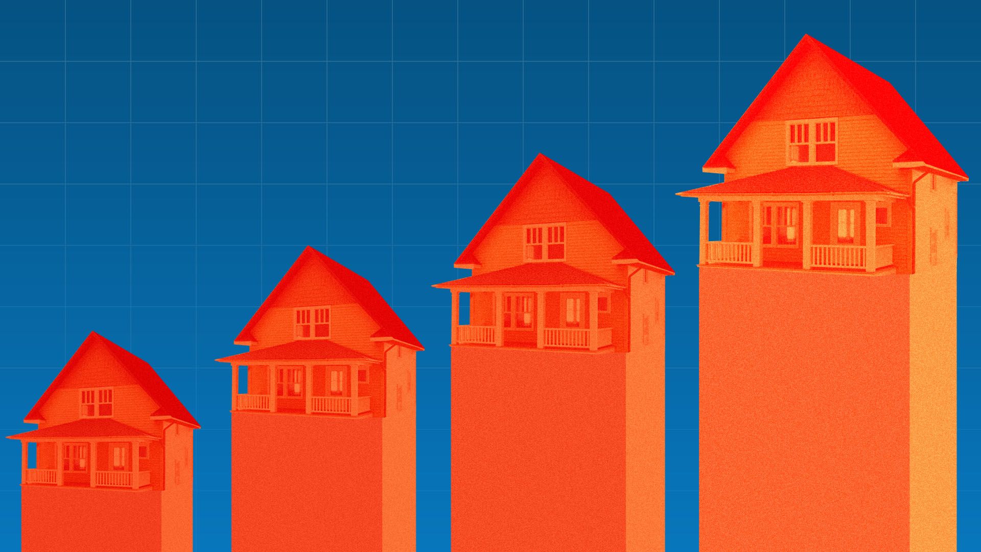 Illustration of a row of houses shaped like arrows charting upward.