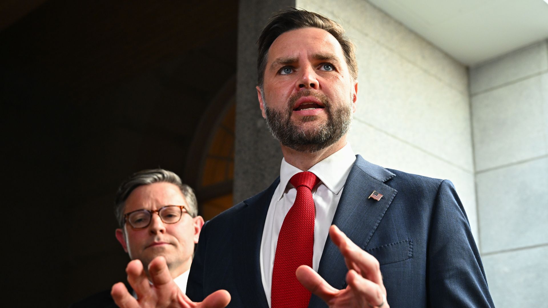 House Speaker Mike Johnson, a Republican from Louisiana, left, and Vice President Vance speak to members of the media following a meeting with House Republicans at the U.S. Capitol on July 15.