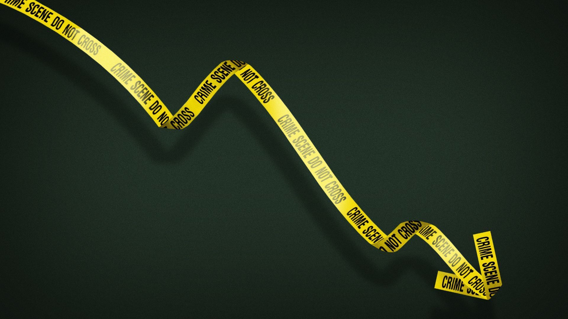 An illustration of yellow crime tape designed to reflect a line graph showing a declining trend.